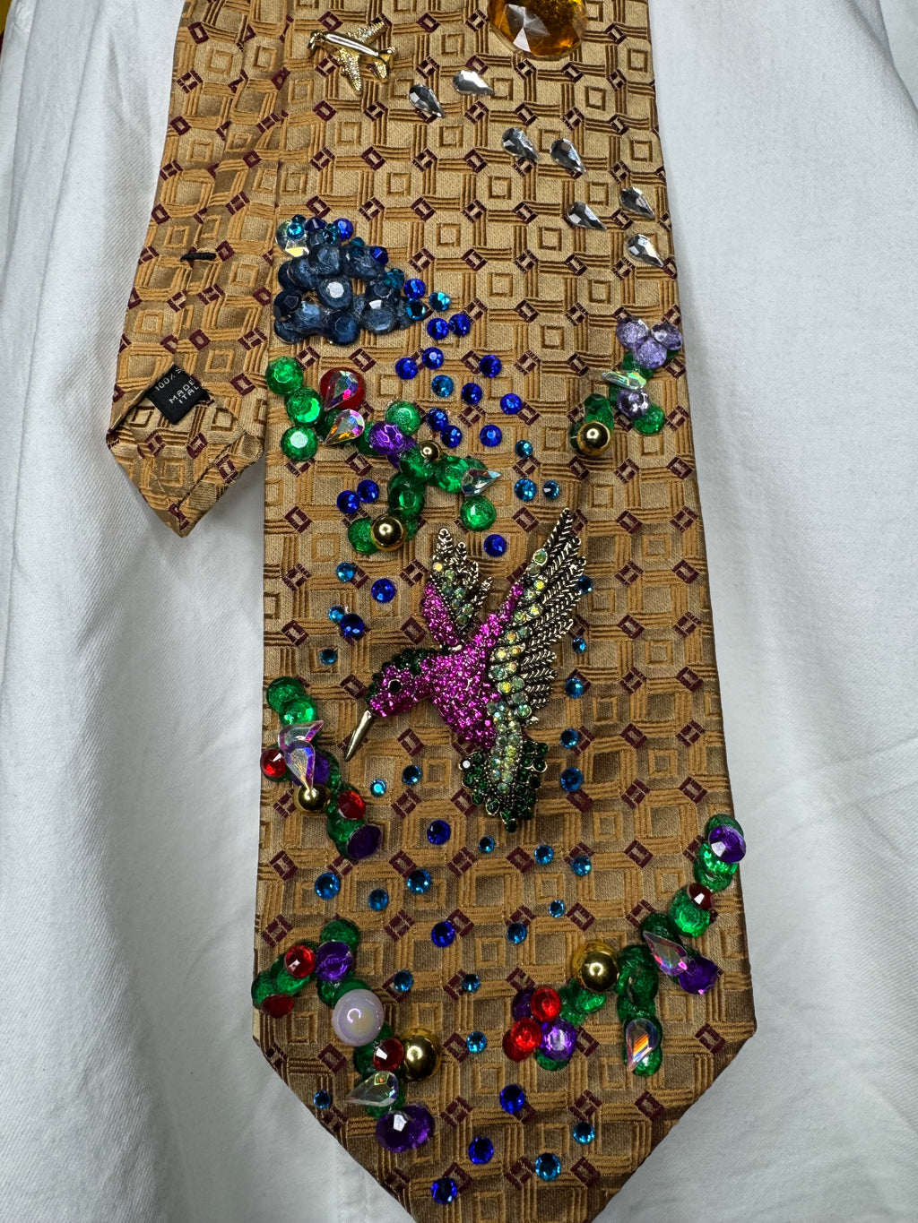 Gold Hummingbird Near Floral Forest Nature Royalty Tie