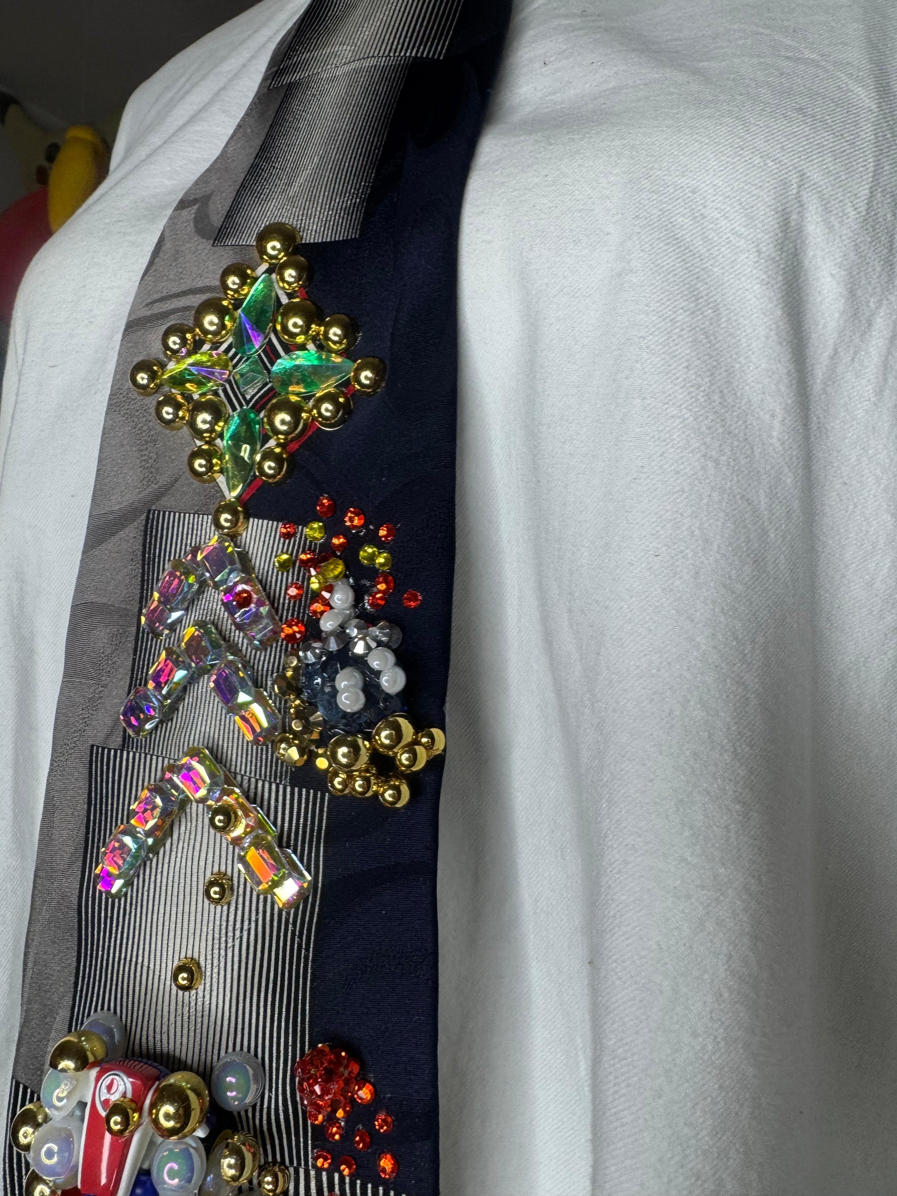Navy Blue and Grey Red Yoshi Throwing Bobomb Down Escalator Track 200cc Mario Kart Tie