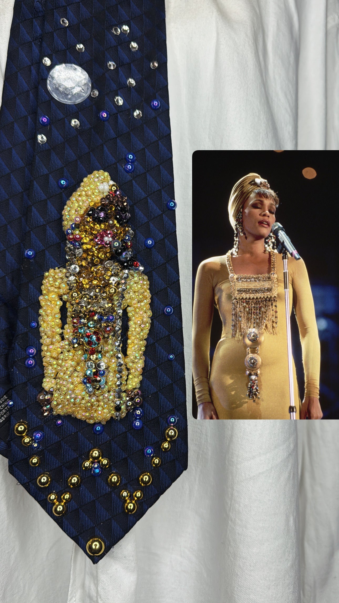 Navy Blue Whitney Houston In Full Gold Queen Royalty Outfit with Headscarf in Durban South Africa Singing “I have Nothing” in 1994 Tie