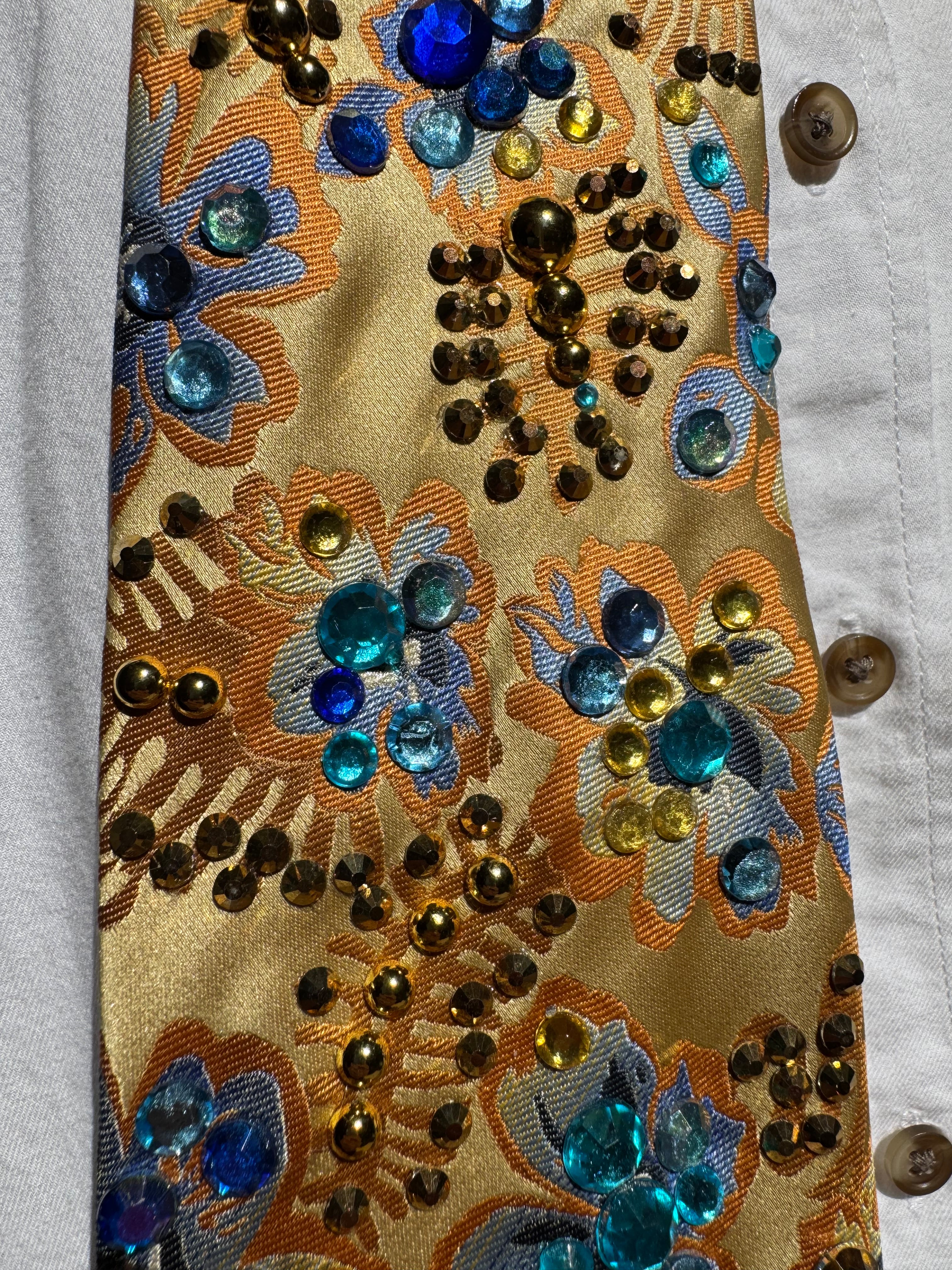 Gold Floral Hawaiian Stitch Wearing Two Leis Movie Tie