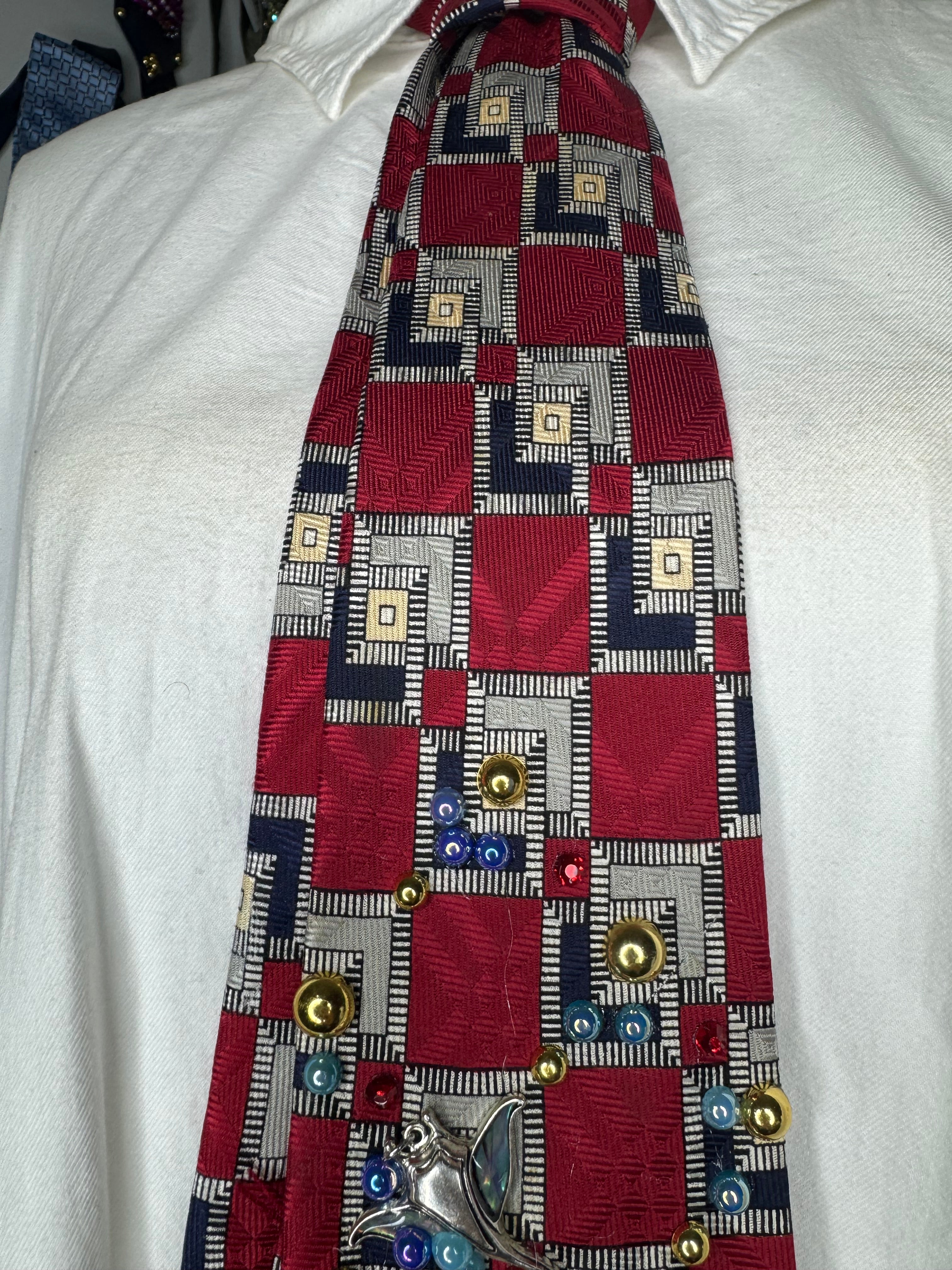 Red Checkered Tropical Treasure Box Ocean Floor Royalty Tie