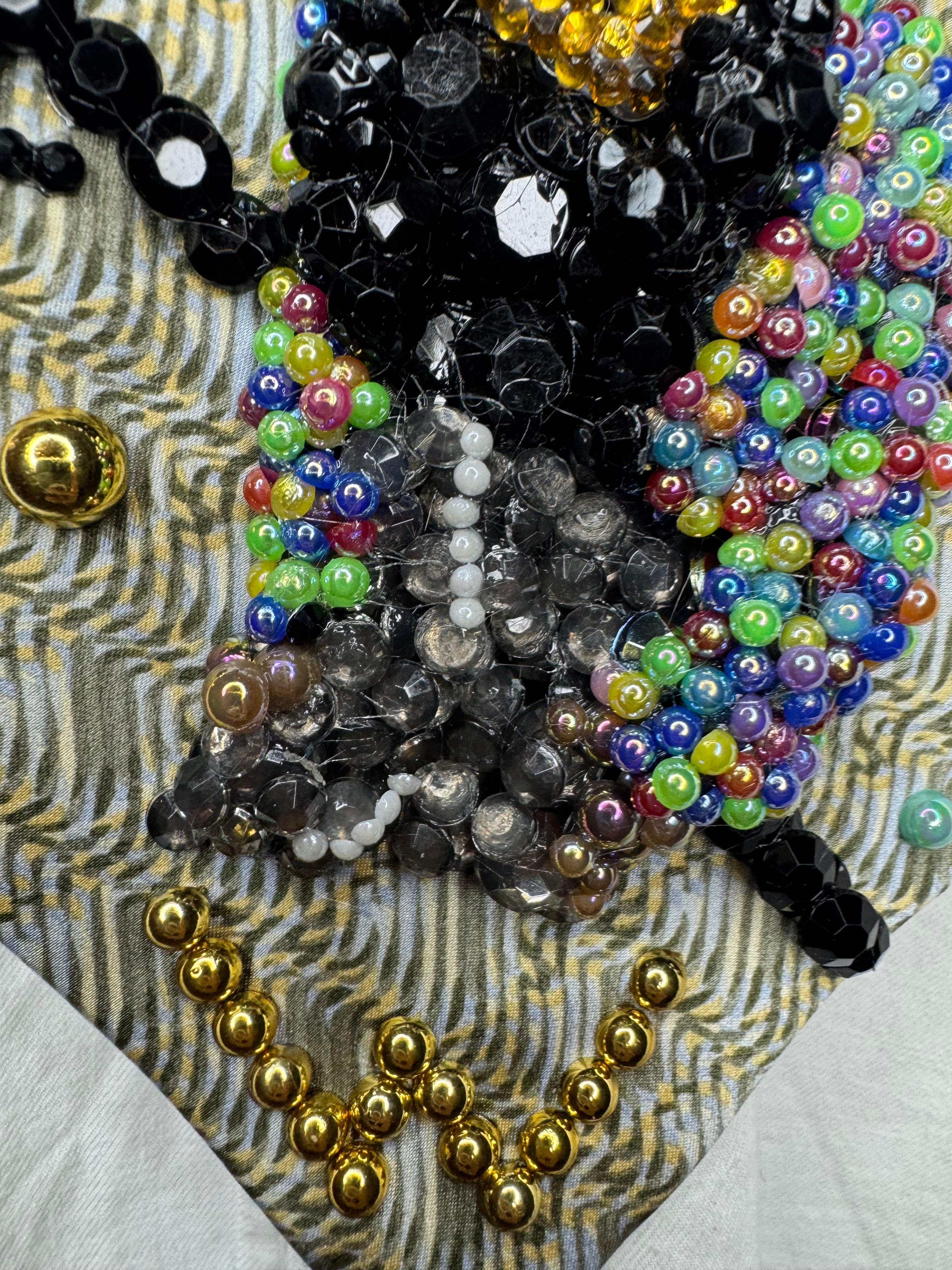 Beige Whitney Houston in Colorful Gem Jacket Posing on Staircase Tie