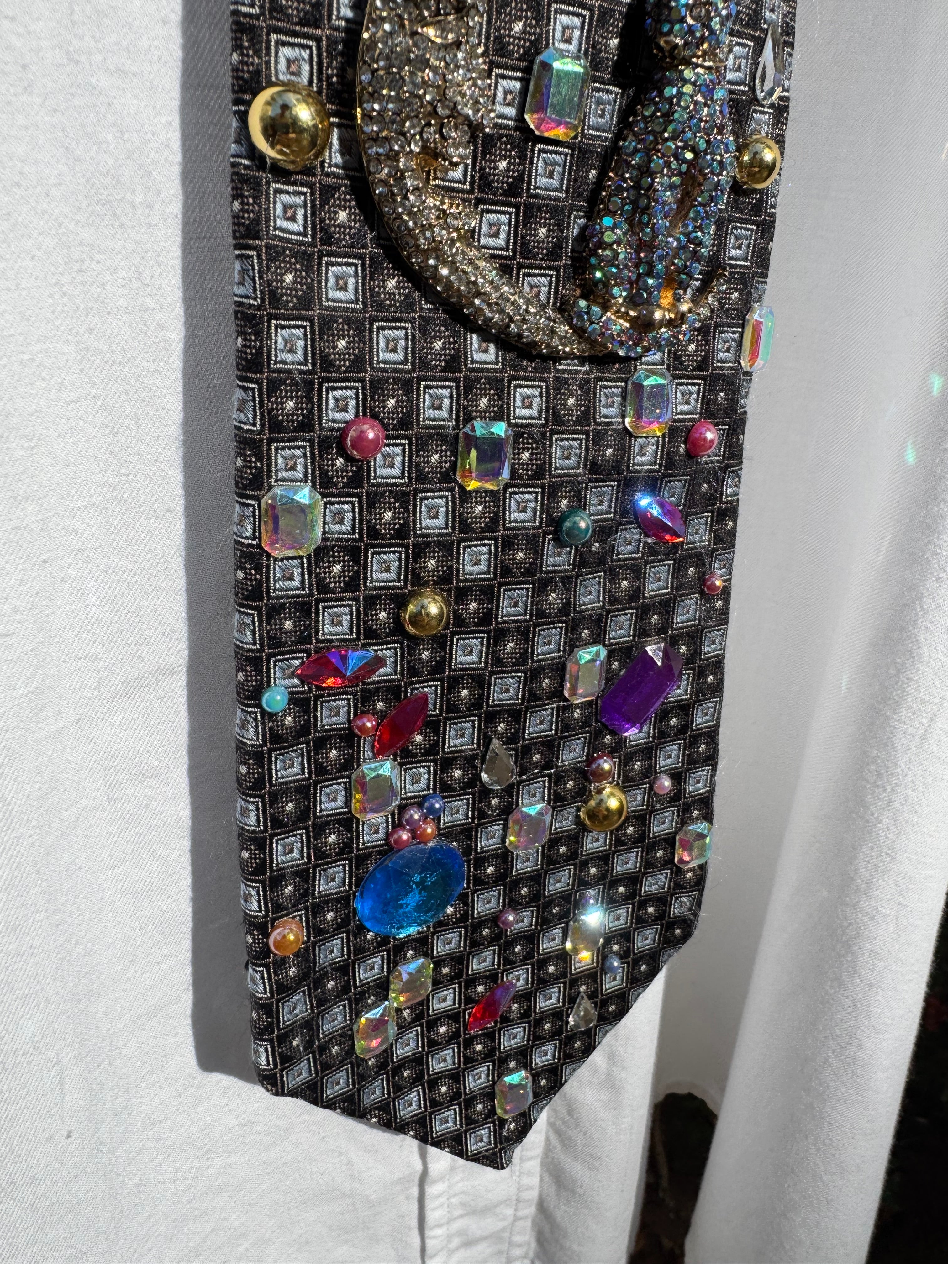 Navy Blue Cat on Moon Jewel Galaxy Space Royalty Tie