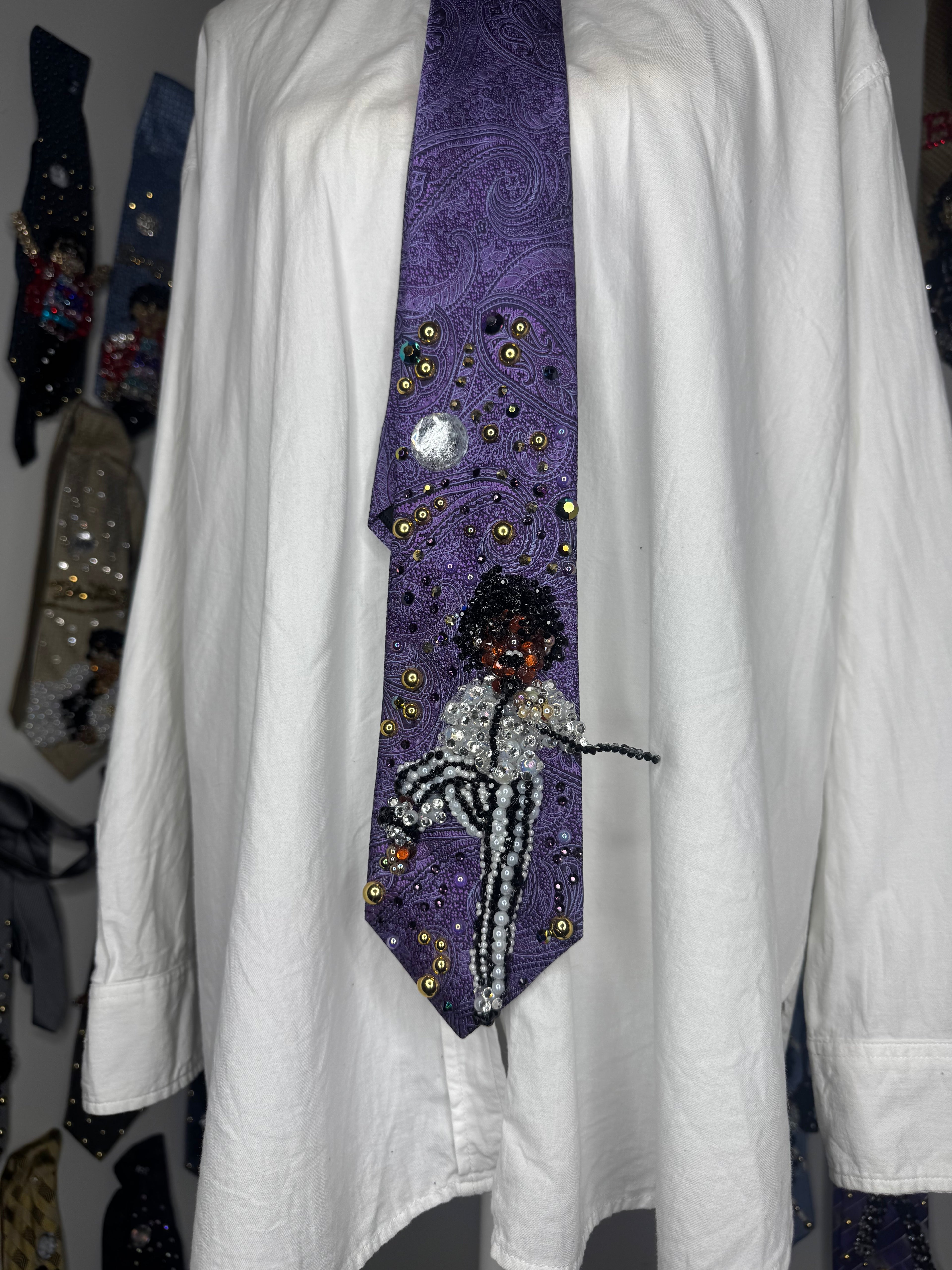 Purple Paisley Michael Jackson Kicking Leg Holding Mic Pose Striped Pants Victory Tour 1984 Tie