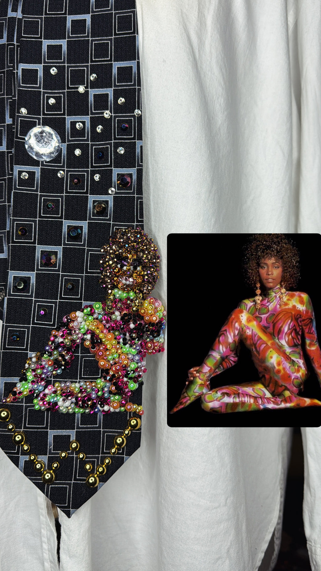 Black Checkered Whitney Houston in Colorful Marble Turtleneck Dress Posing on Floor Photoshoot Tie
