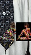 Black Checkered Whitney Houston in Colorful Marble Turtleneck Dress Posing on Floor Photoshoot Tie
