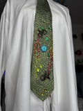 Green Wavy Print Dragons Spitting Flames Neon Sun Royalty Tie