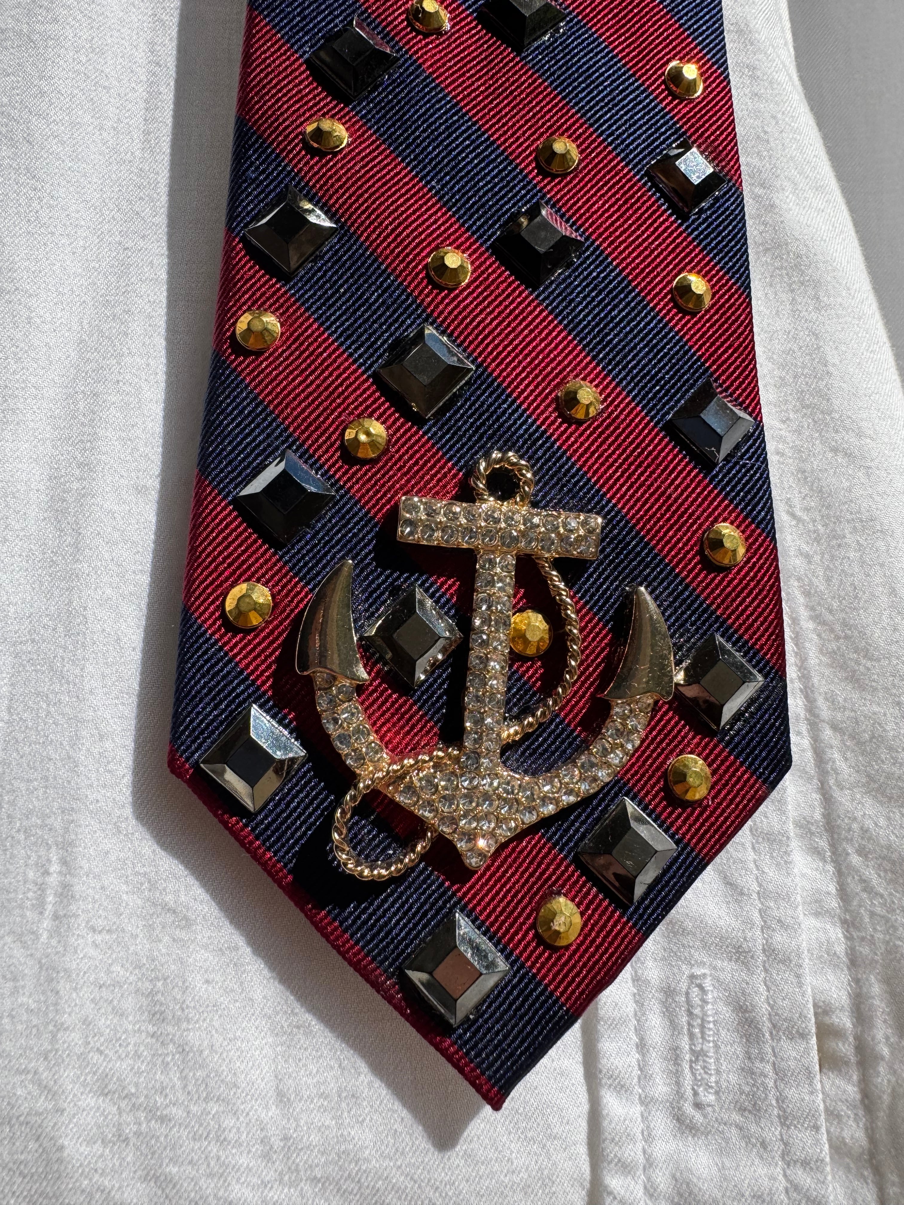 Burgundy and Navy Blue Striped Anchored Royalty Nautical Tie