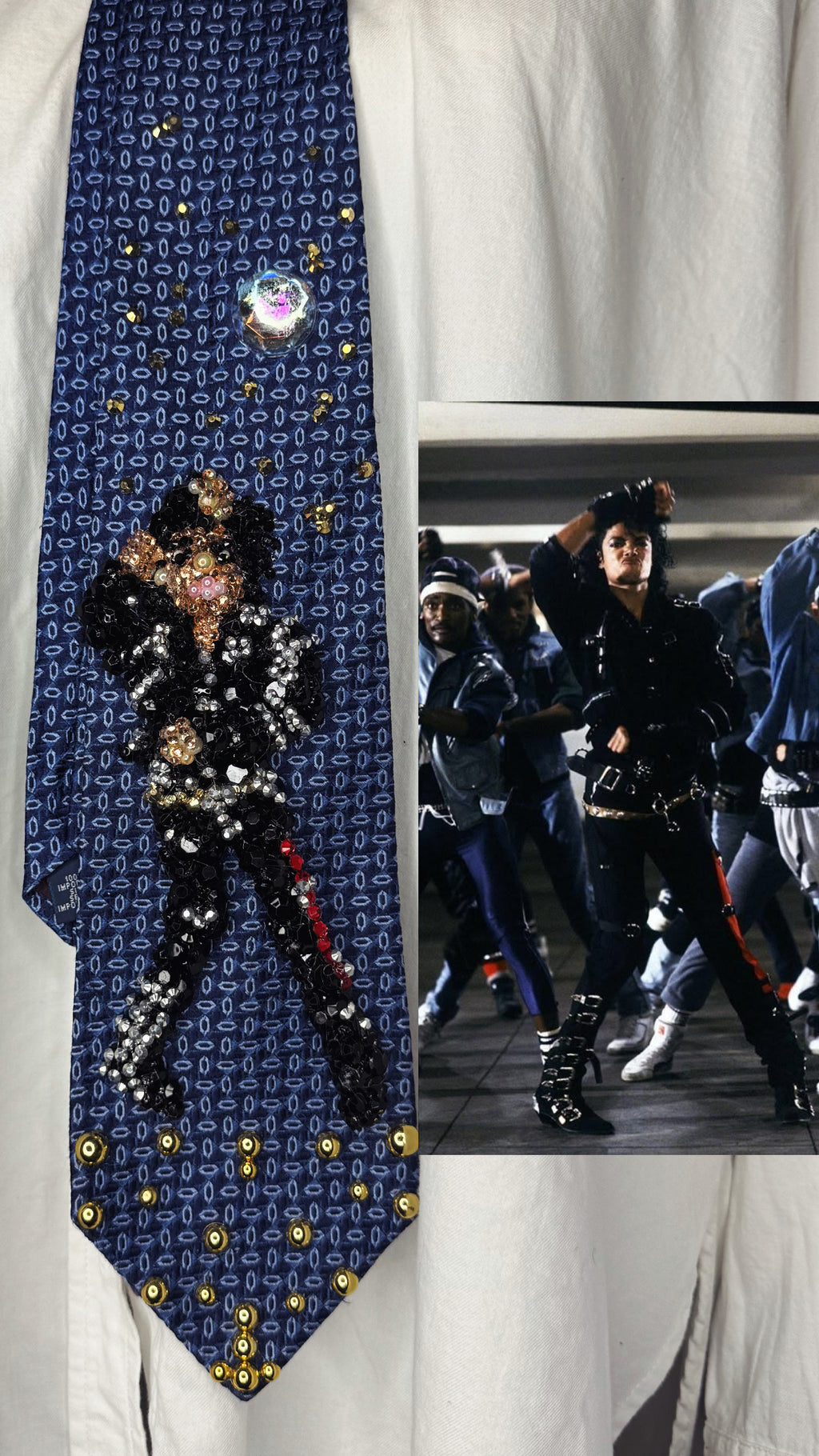 Navy Blue Michael Jackson Arms Over Face and Chest Pose Bad Music Video Tie