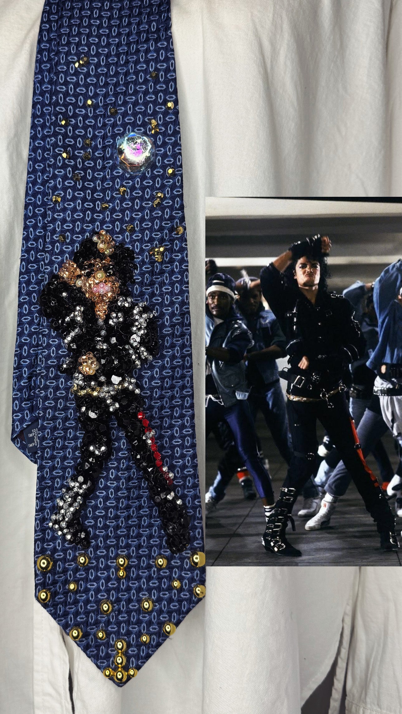 Navy Blue Michael Jackson Arms Over Face and Chest Pose Bad Music Video Tie