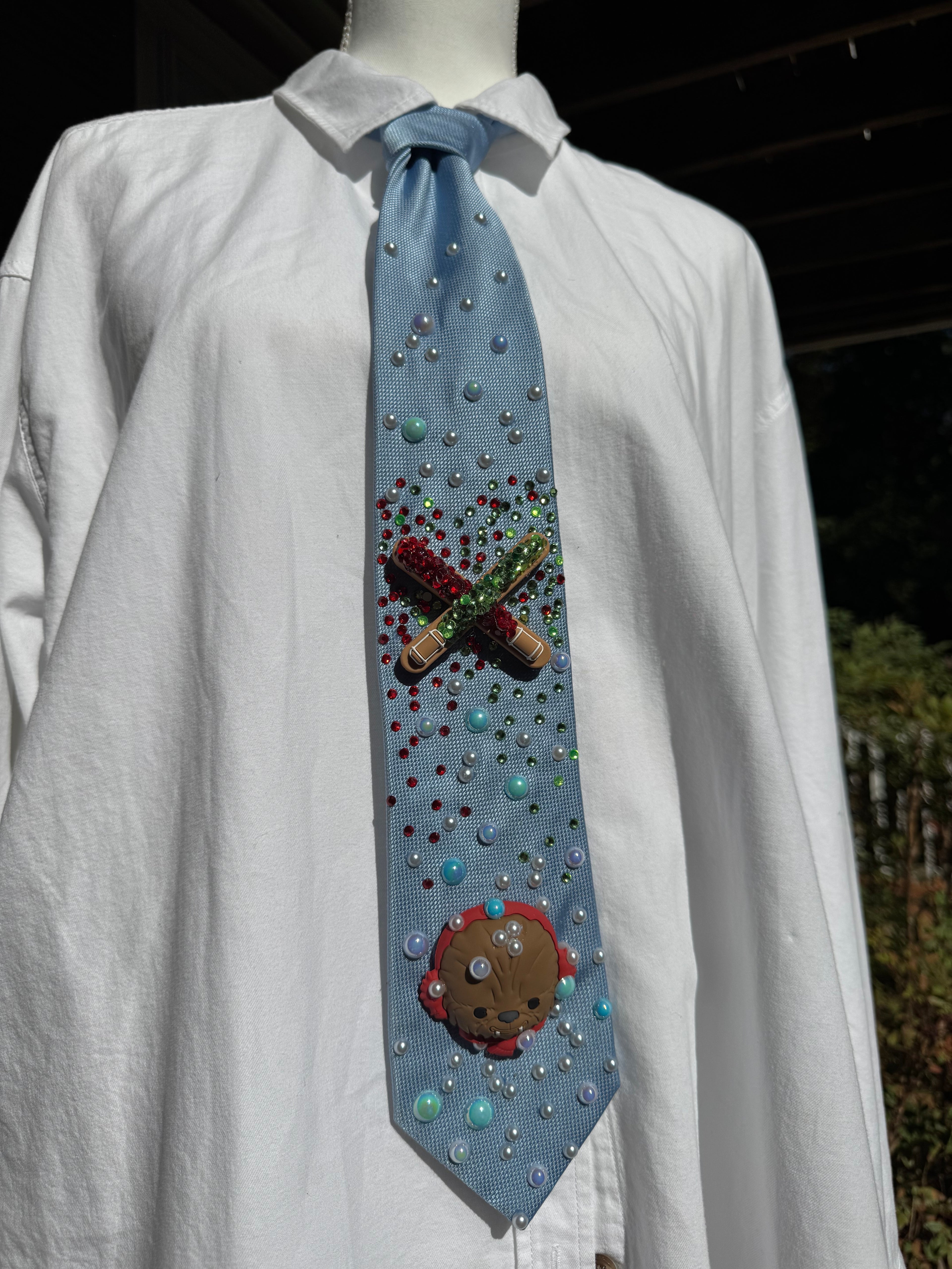 Light Blue Chewbacca Under Christmas Lightsabers Star Wars Tie