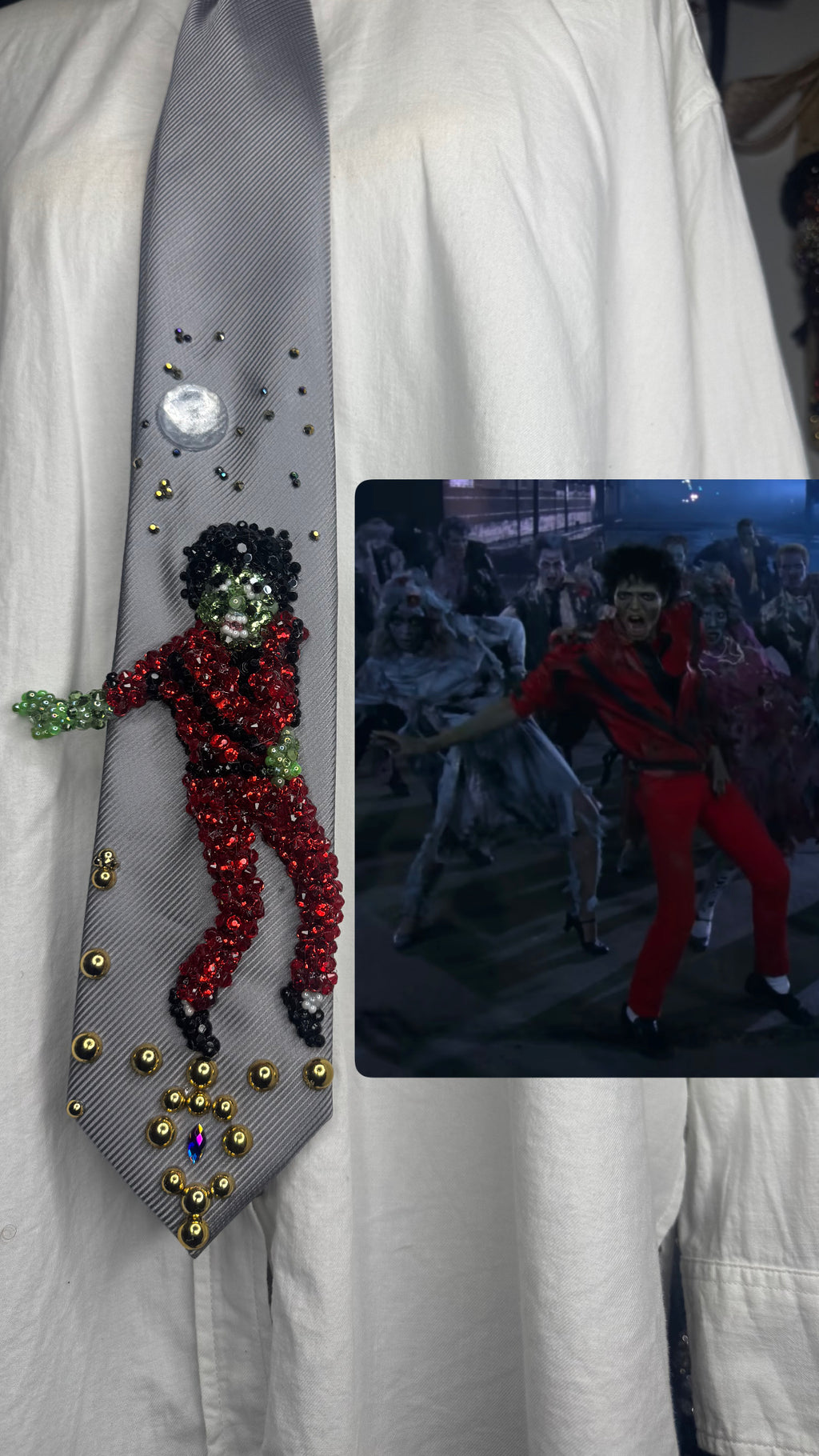 Grey Zombie Michael Jackson Hitting Crotch Grab Arm Out Move In Thriller Short Film Tie