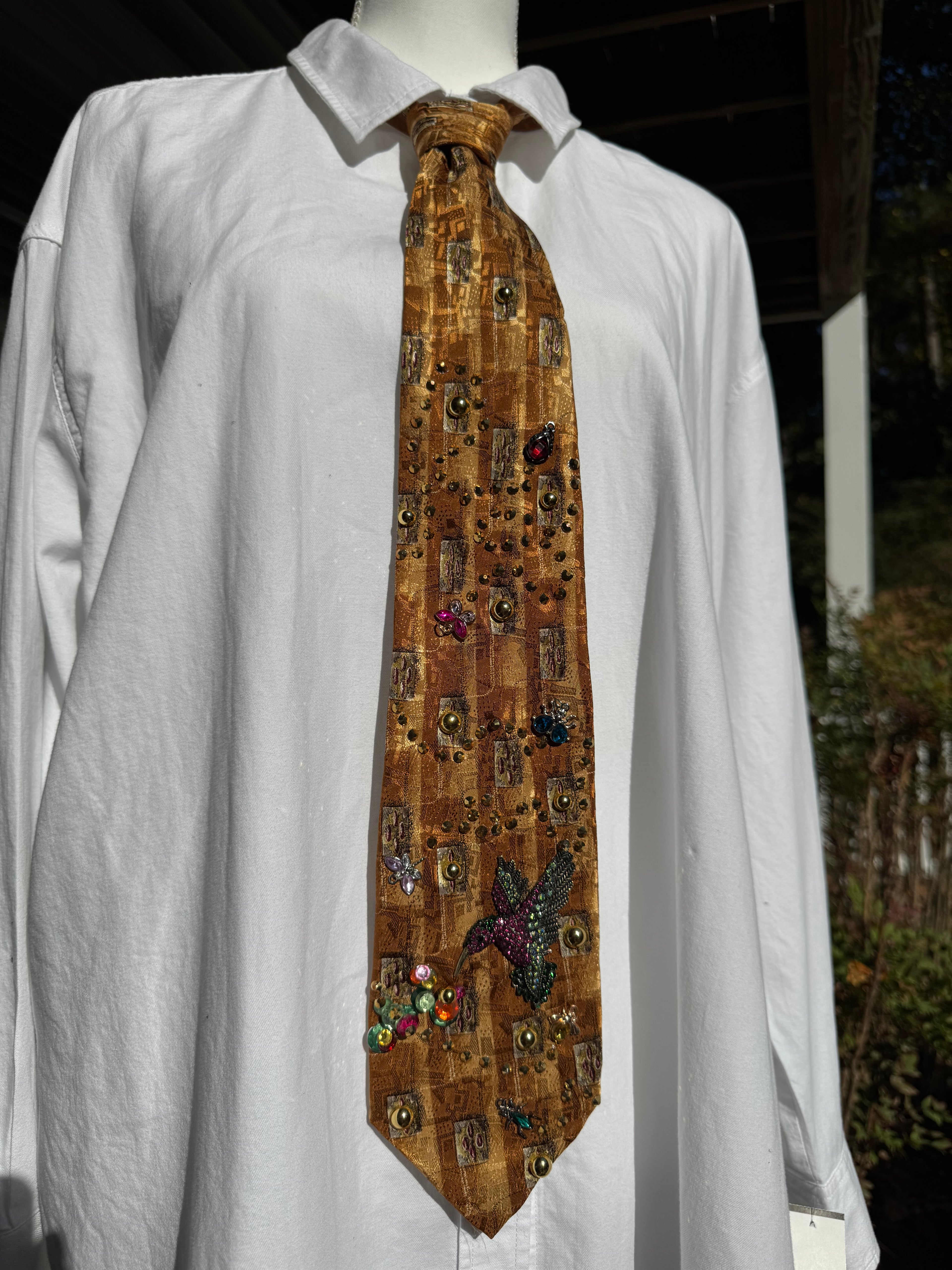 Gold Tree Bark Humming Bird and Insects Nature Royalty Tie