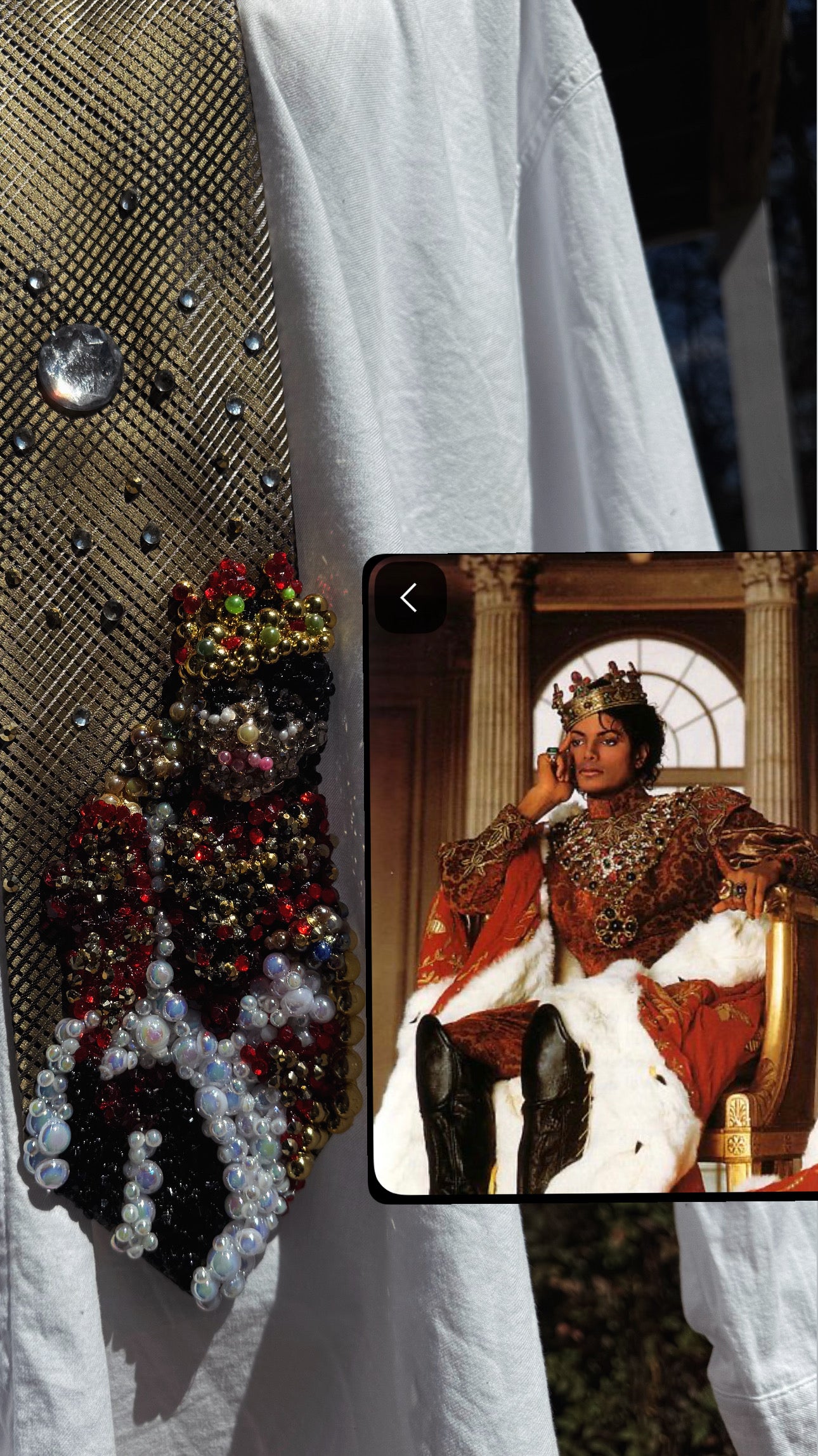 Gold Michael Jackson Sitting On Gold Chair In Red King Royalty Outfit Photoshoot Tie
