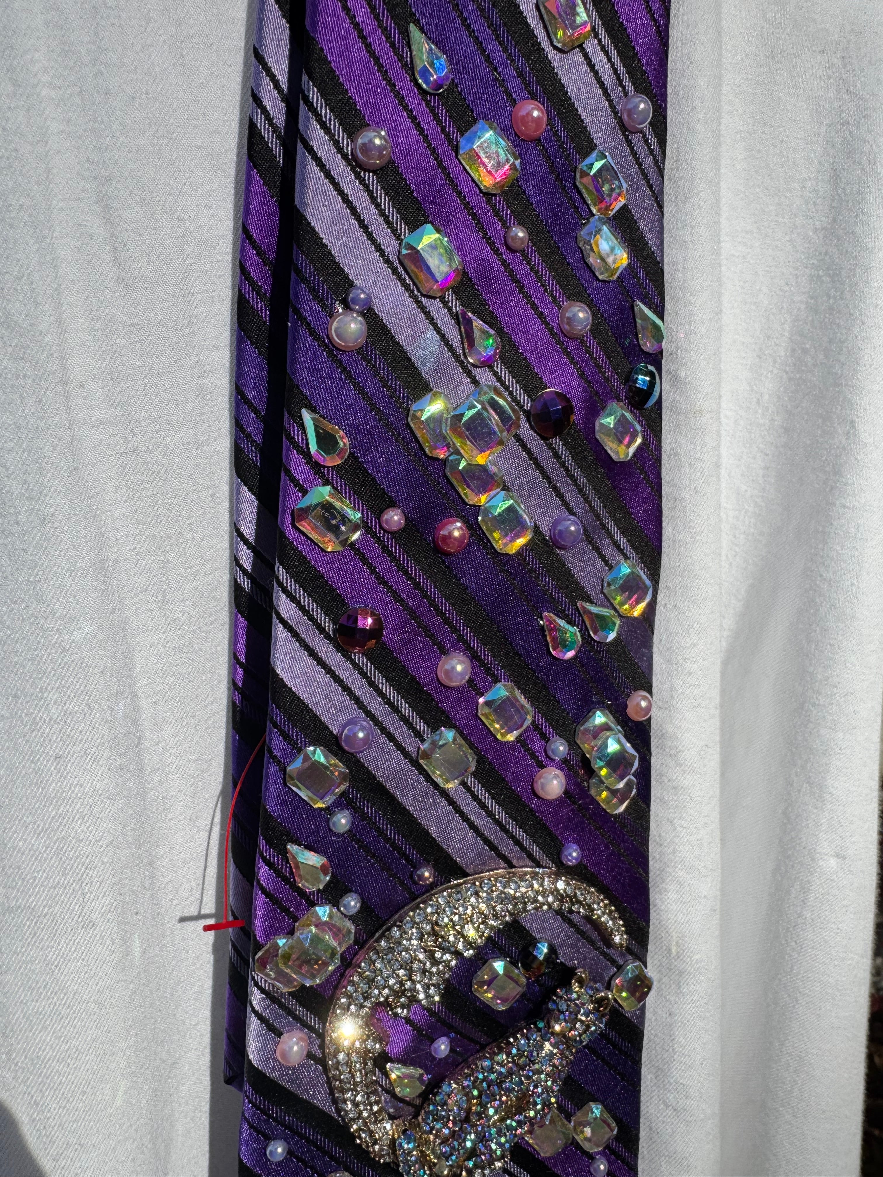 Purple Striped Cat on Moon in Baguette Space Royalty Tie