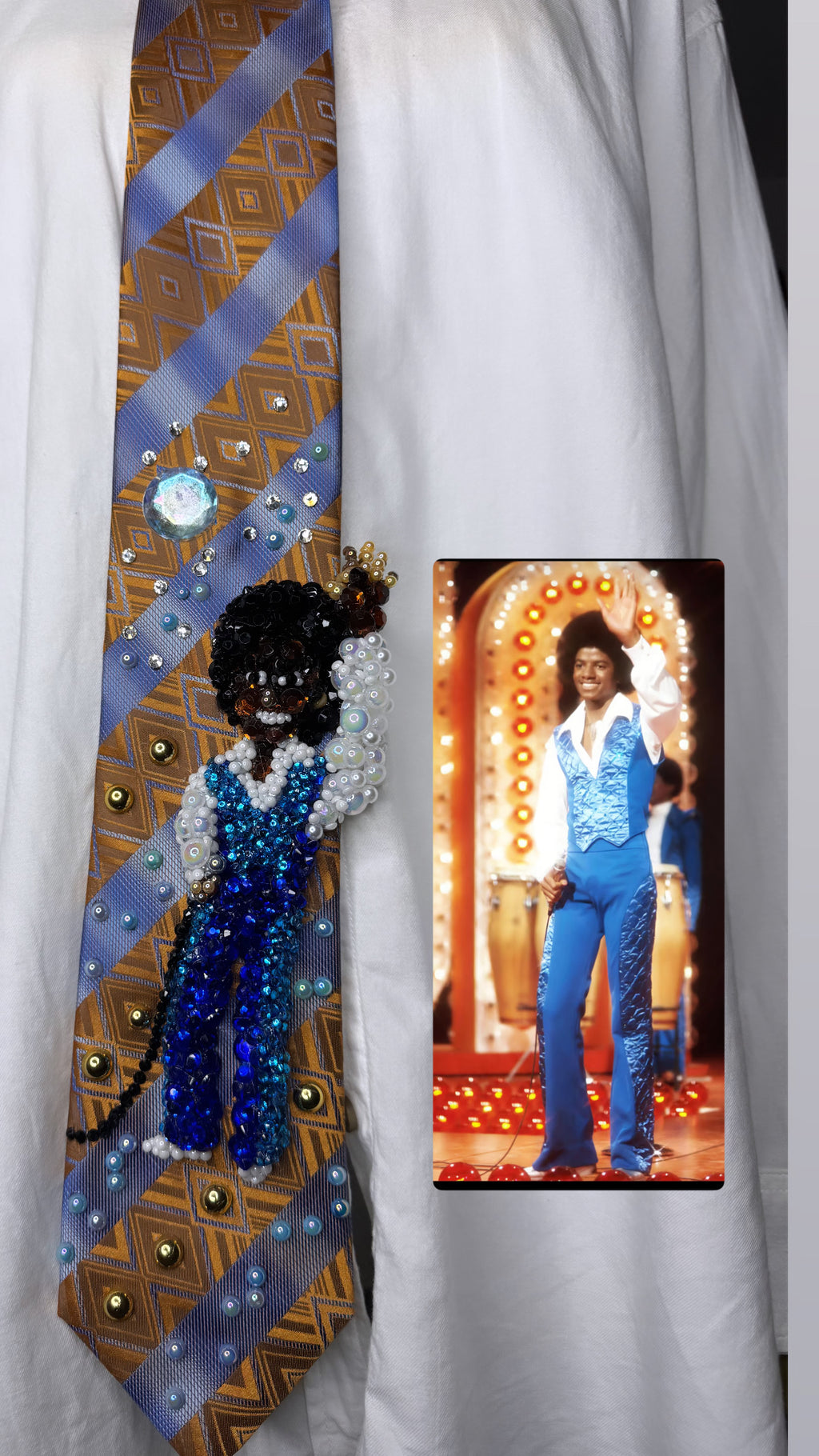 Orange and Blue Teen Michael Jackson in Two Tone Blue Outfit Performing on Tv Jacksons Era Tie