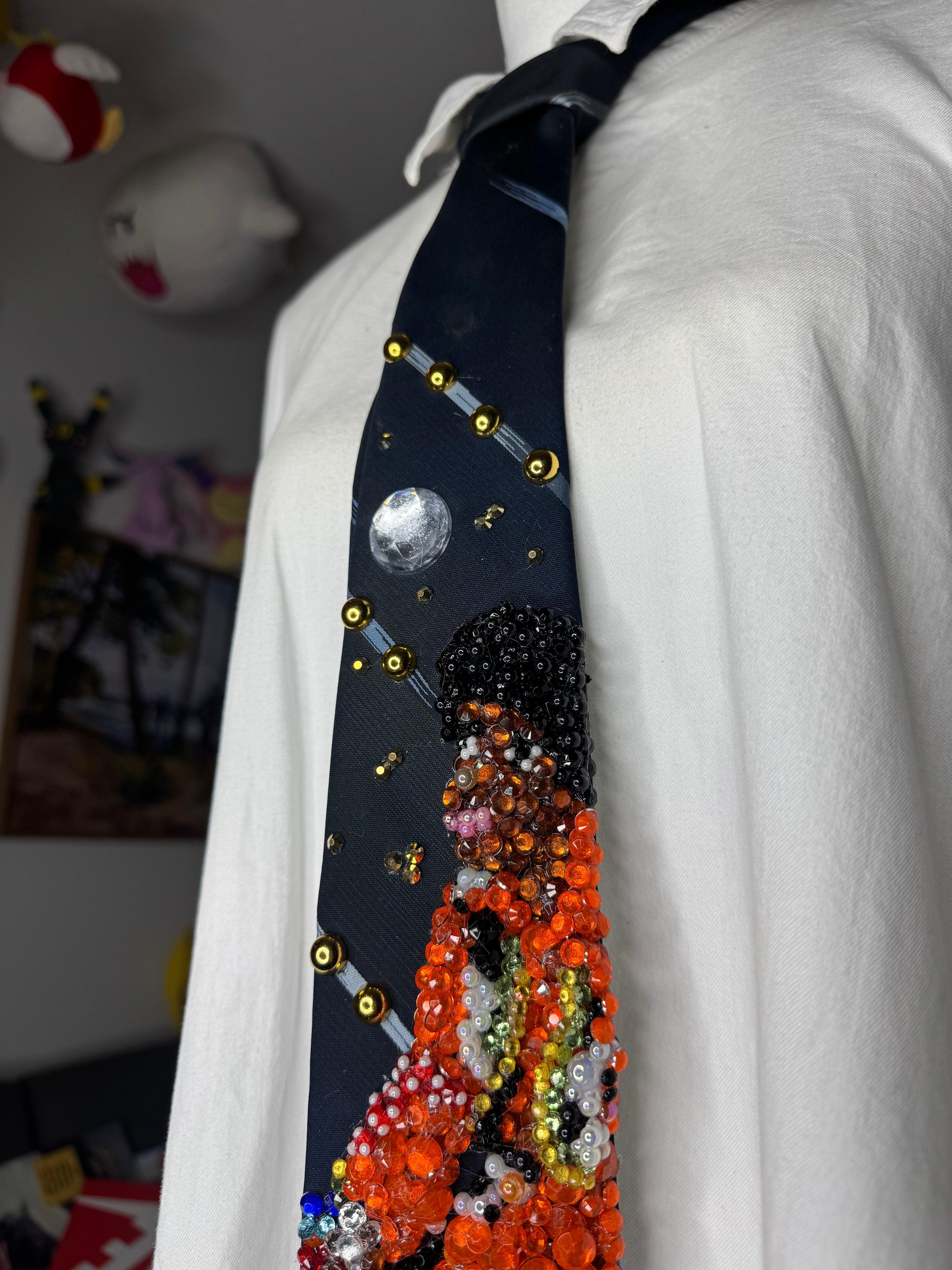 Navy Blue Young Michael Jackson In Orange and Floral Vest Outfit on White Chair 1972 Tie