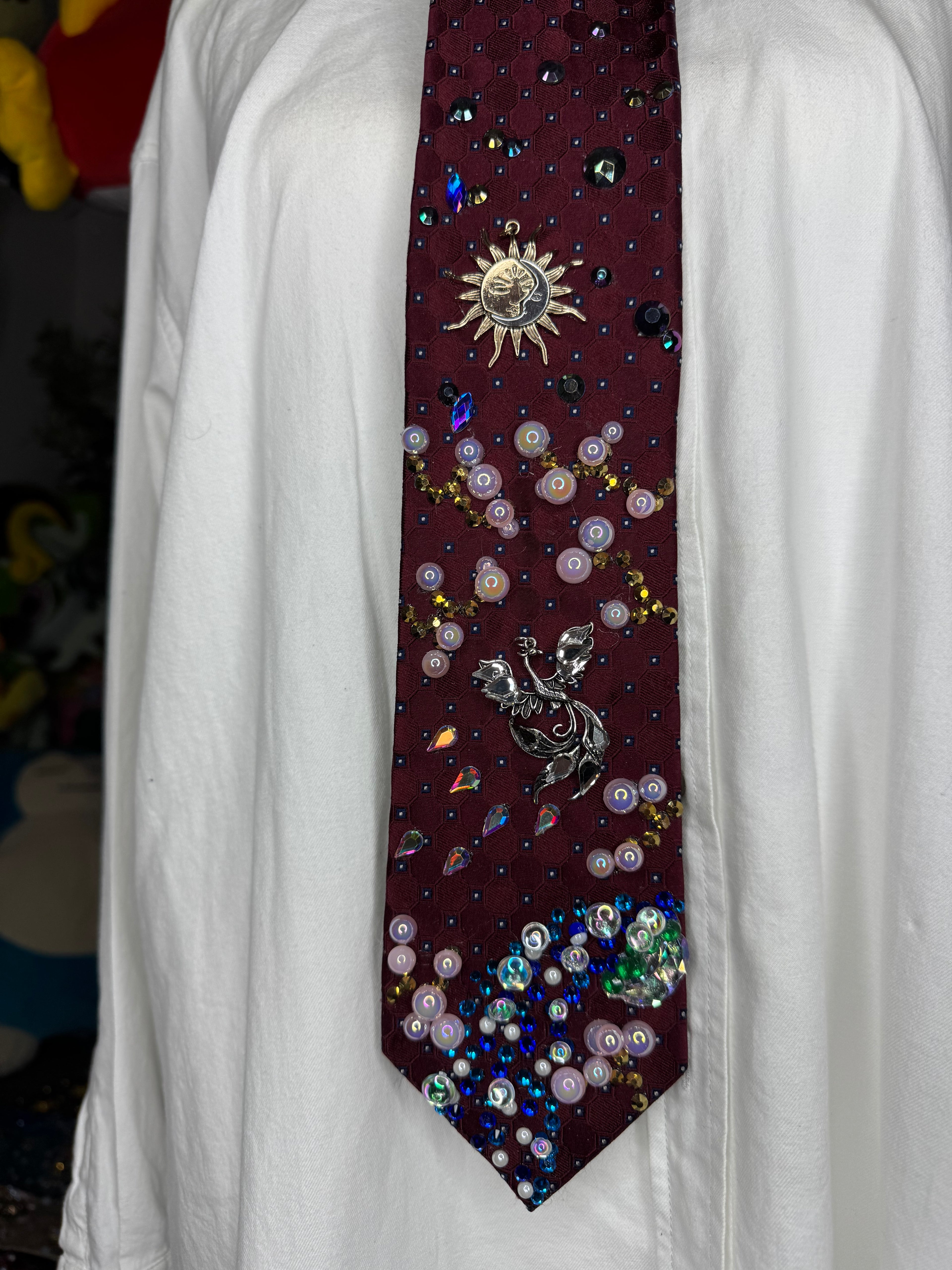Burgundy Silver Phoenix Cherry Blossoms Nature Royalty Tie