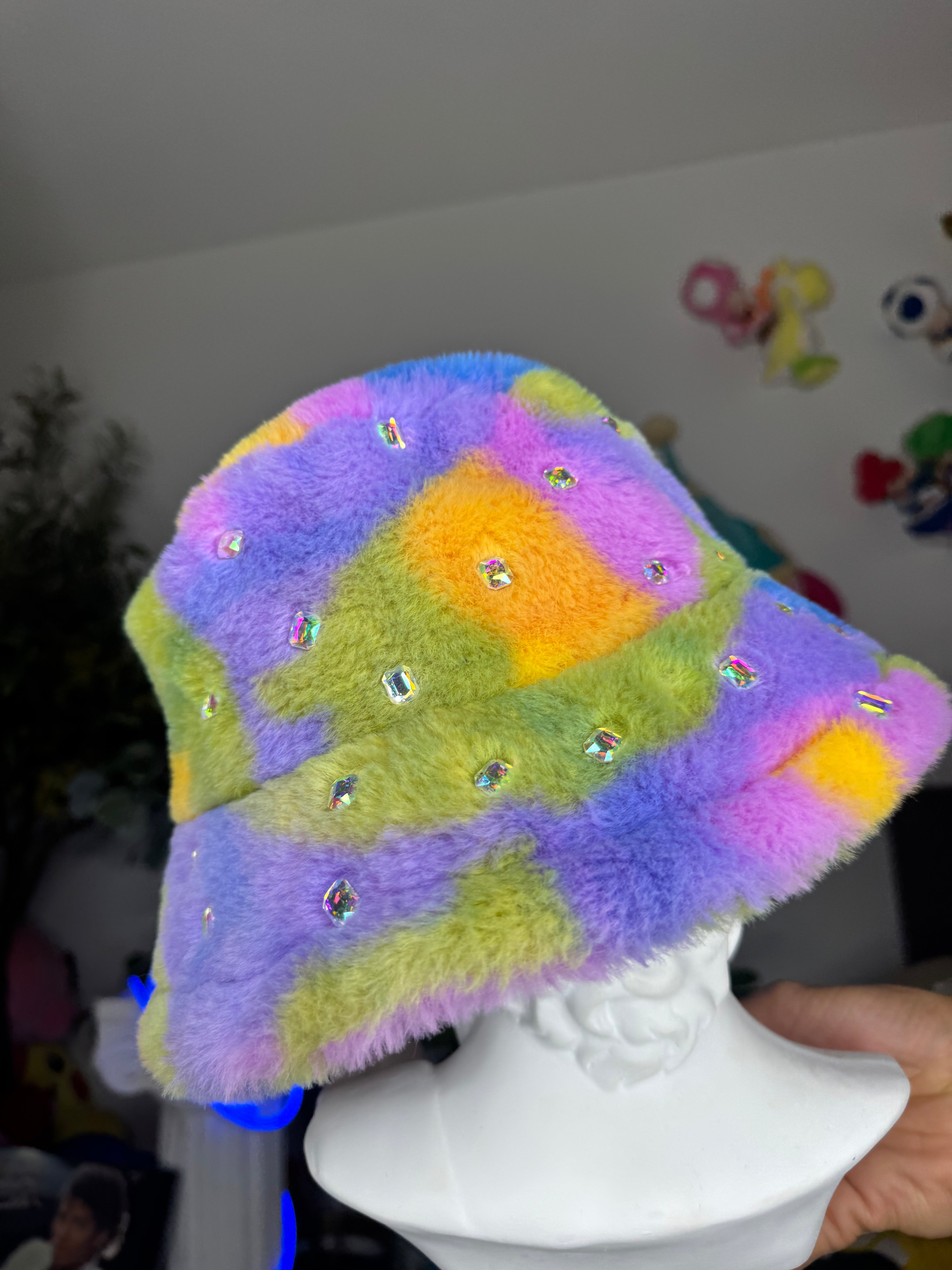 Marbled Neon Multicolored Fur Bucket Baguette Hat