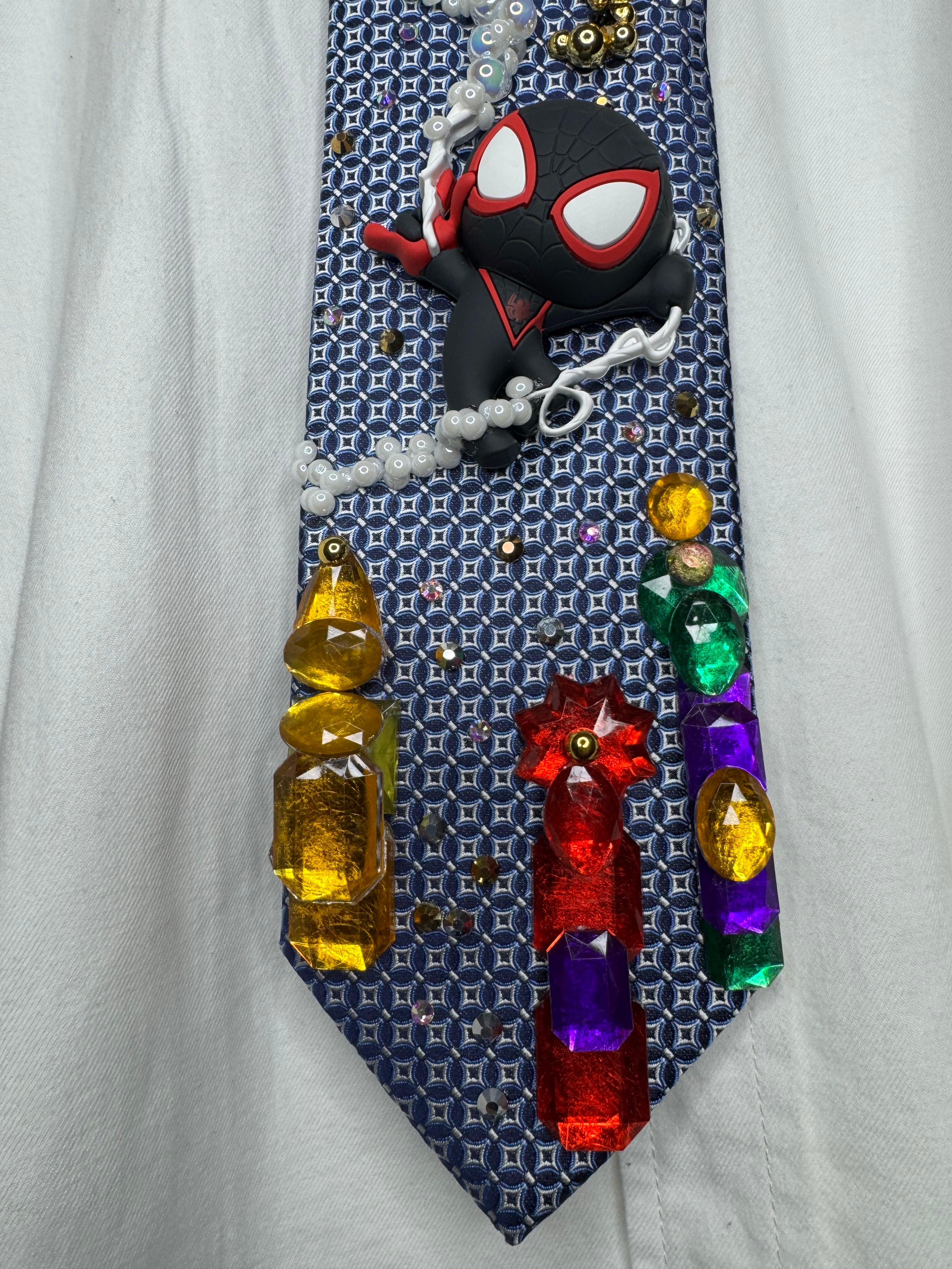 Blue Miles Morales Webbing Himself to Crane In City Spiderman Tie
