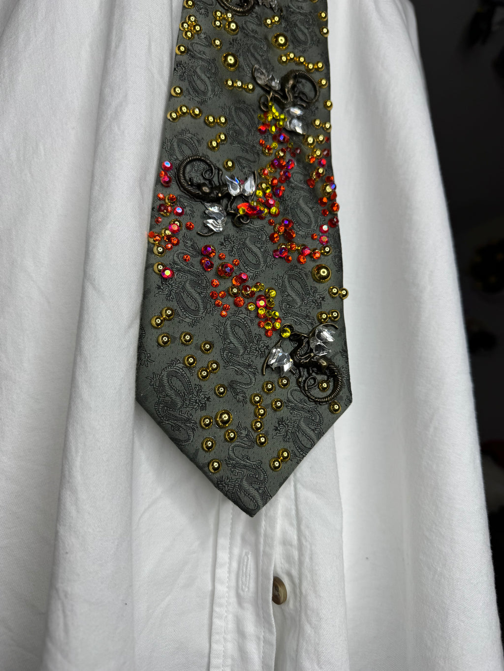 Army Green Ancient Dragon Print Dragons Spitting Flames Royalty Tie