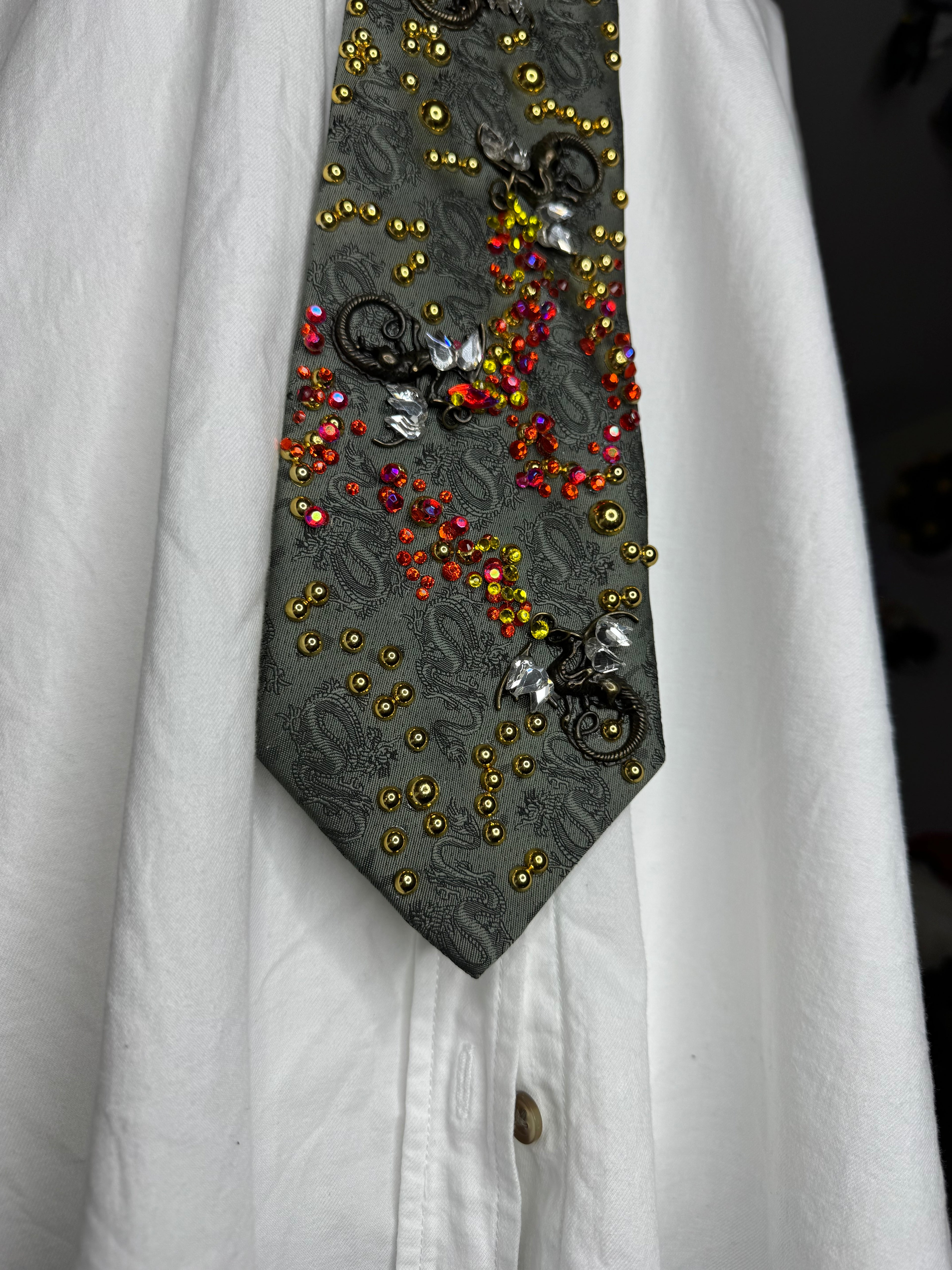 Army Green Ancient Dragon Print Dragons Spitting Flames Royalty Tie