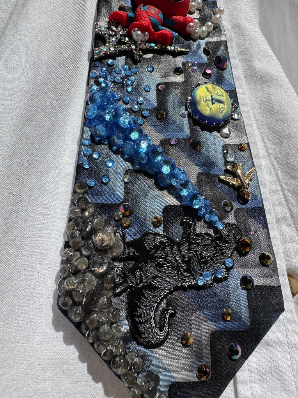 Navy Blue and Grey Wavy Spiderman Saving Paris France from Supercharged Godzilla Tie