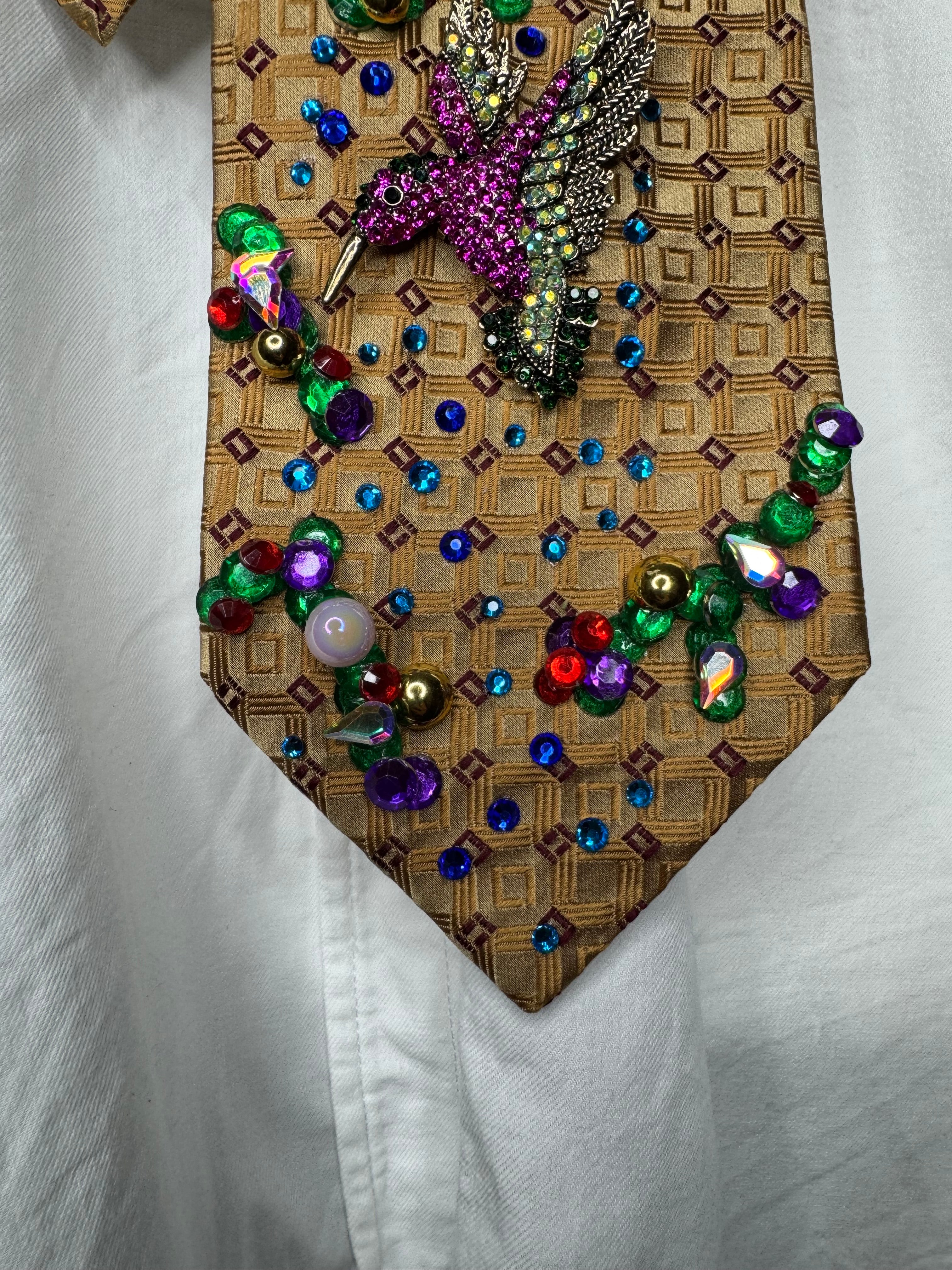 Gold Hummingbird Near Floral Forest Nature Royalty Tie