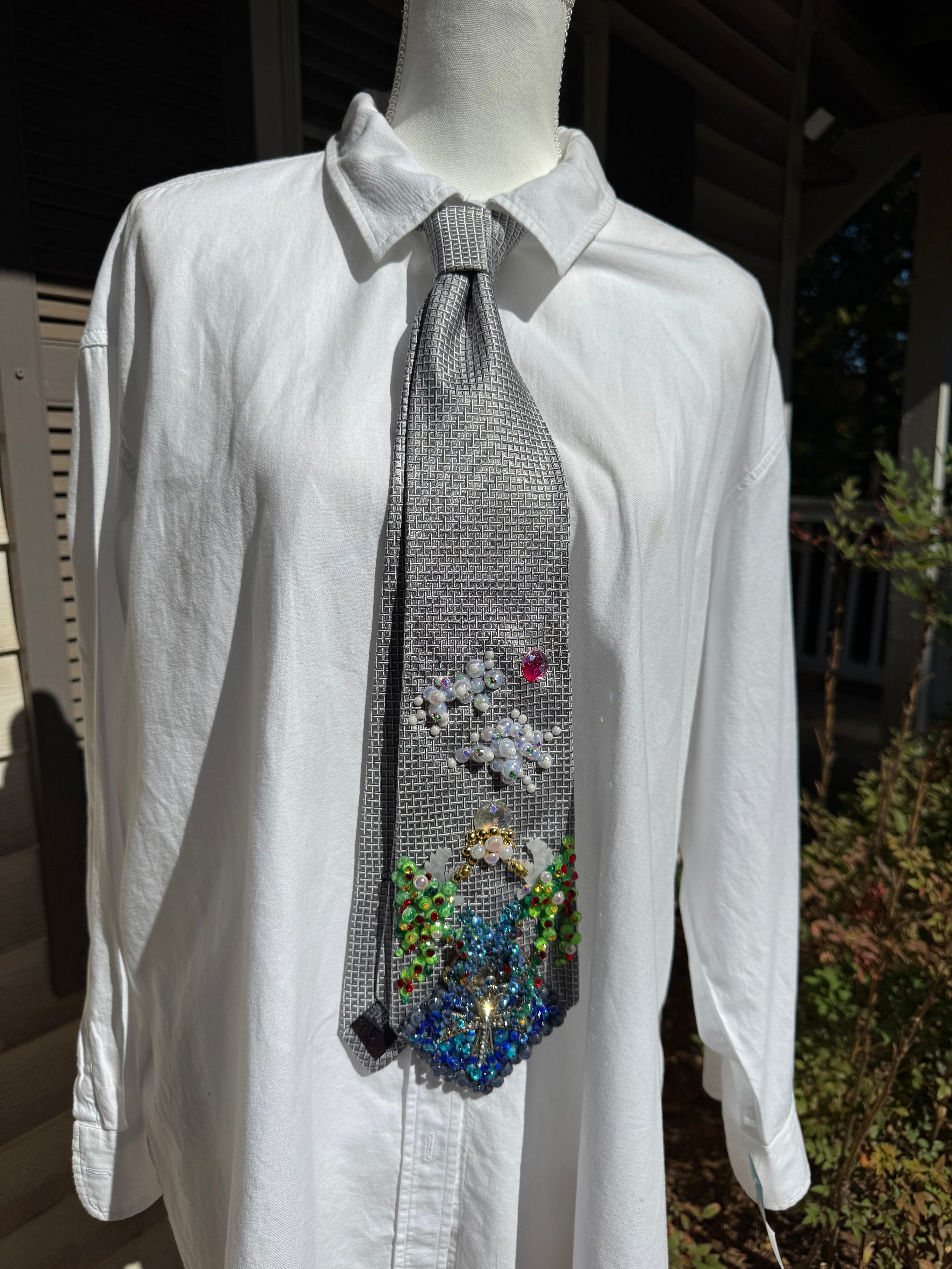 Grey and White Heavenly Cross Dove Fountain High Class Royalty Church Tie