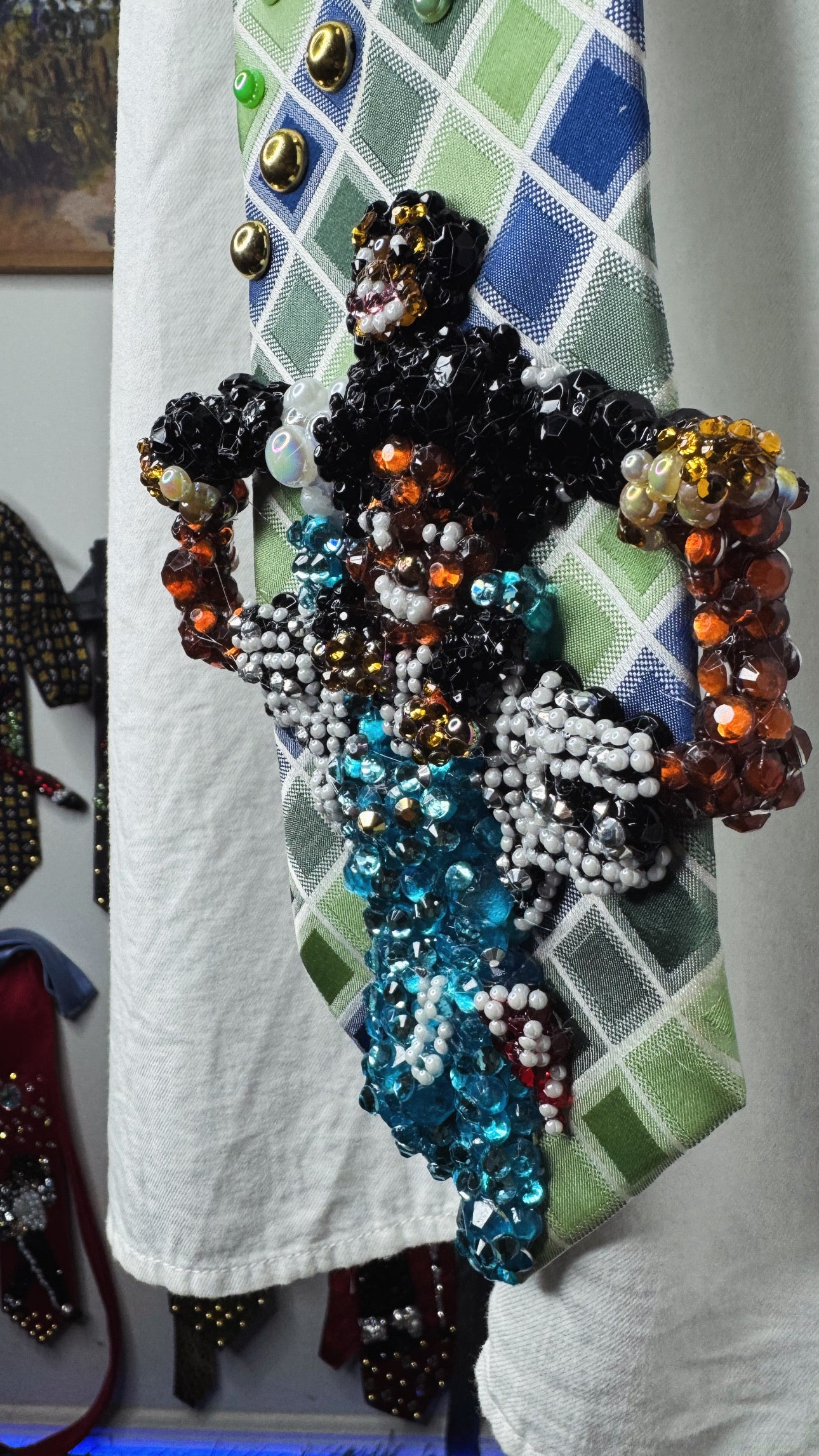 Green and Blue Box Striped Michael Jackson Smiling With Bubbles on Him and His Exotic Pet Giraffe Tie