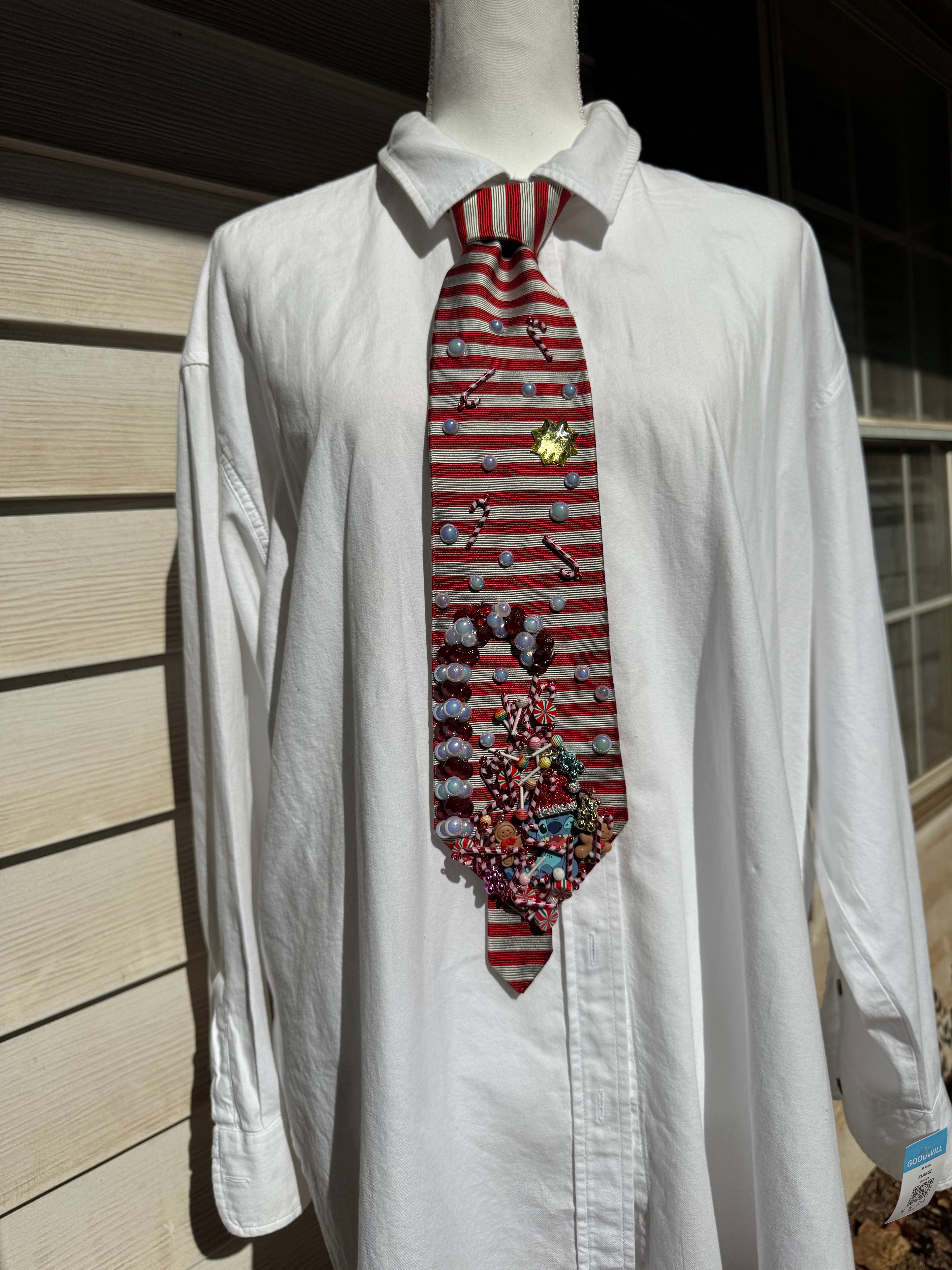 Red and White Pinstriped Candy Cane Candy Fountain Showering Stitch Christmas Tie