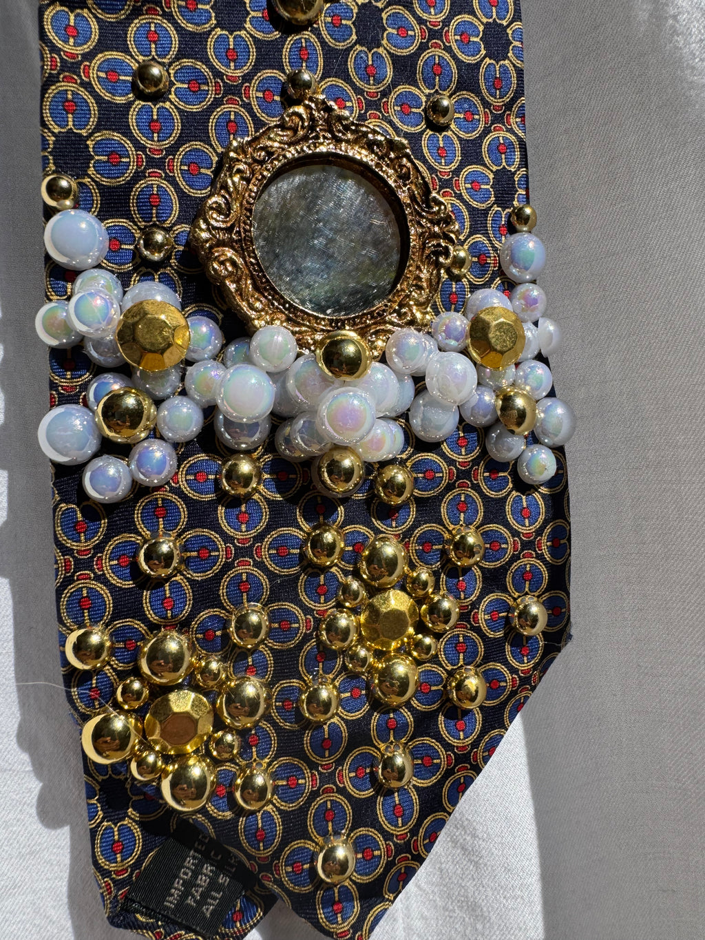 Navy Blue and Gold Renaissance Mirror and Golden Cross High Class Royalty Church Tie