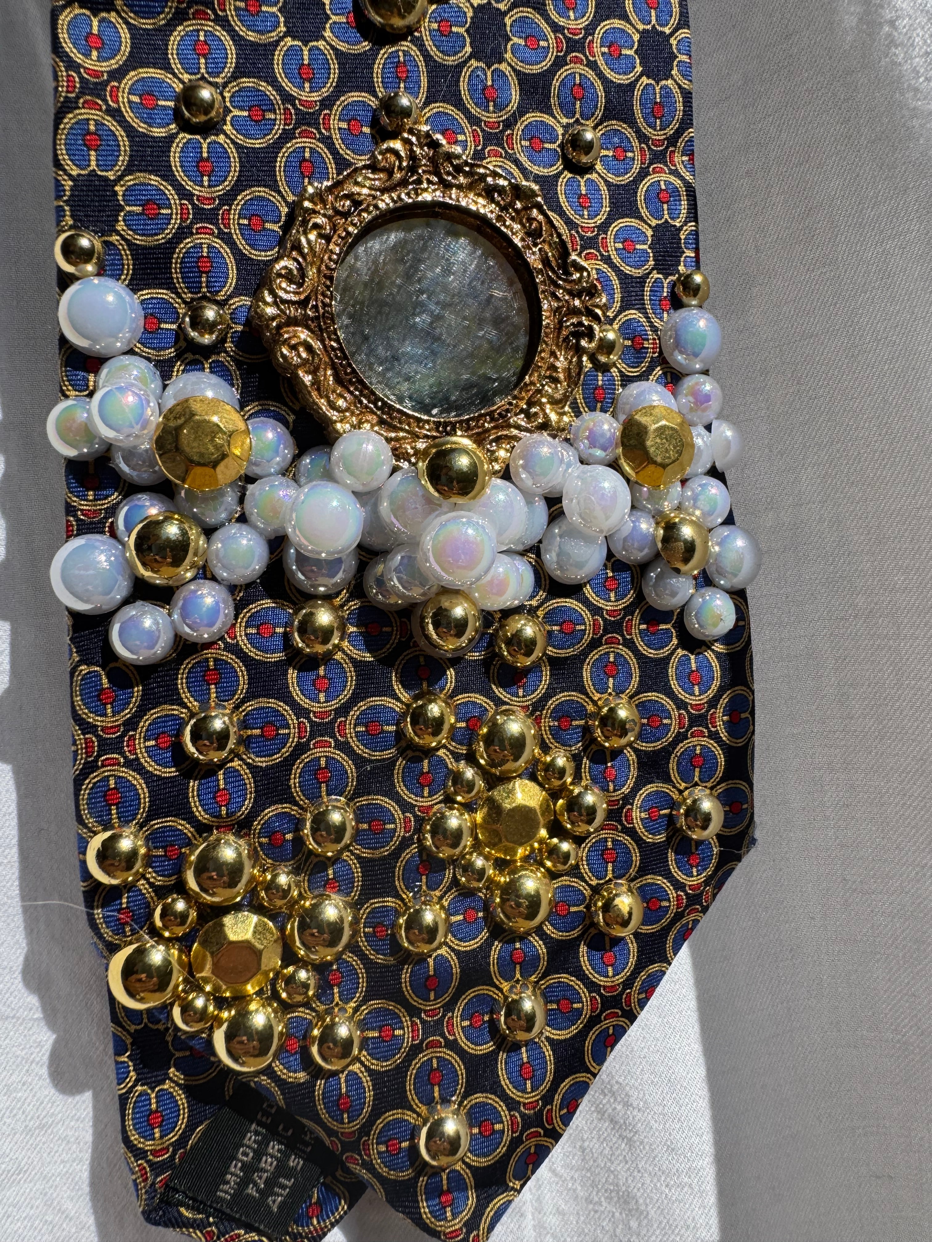 Navy Blue and Gold Renaissance Mirror and Golden Cross High Class Royalty Church Tie