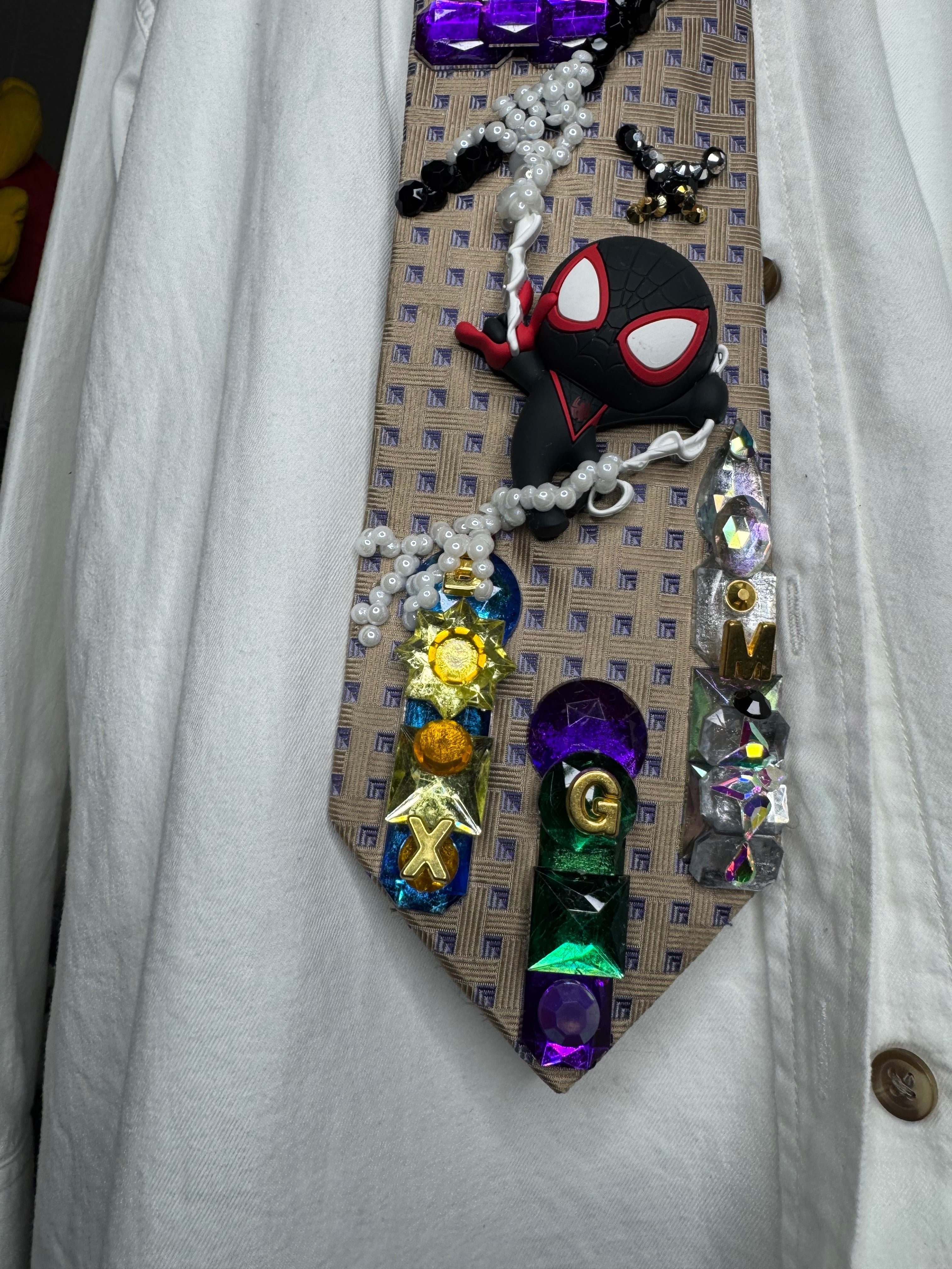Beige Miles Morales Webbing Himself to Side of Building Spiderman Tie