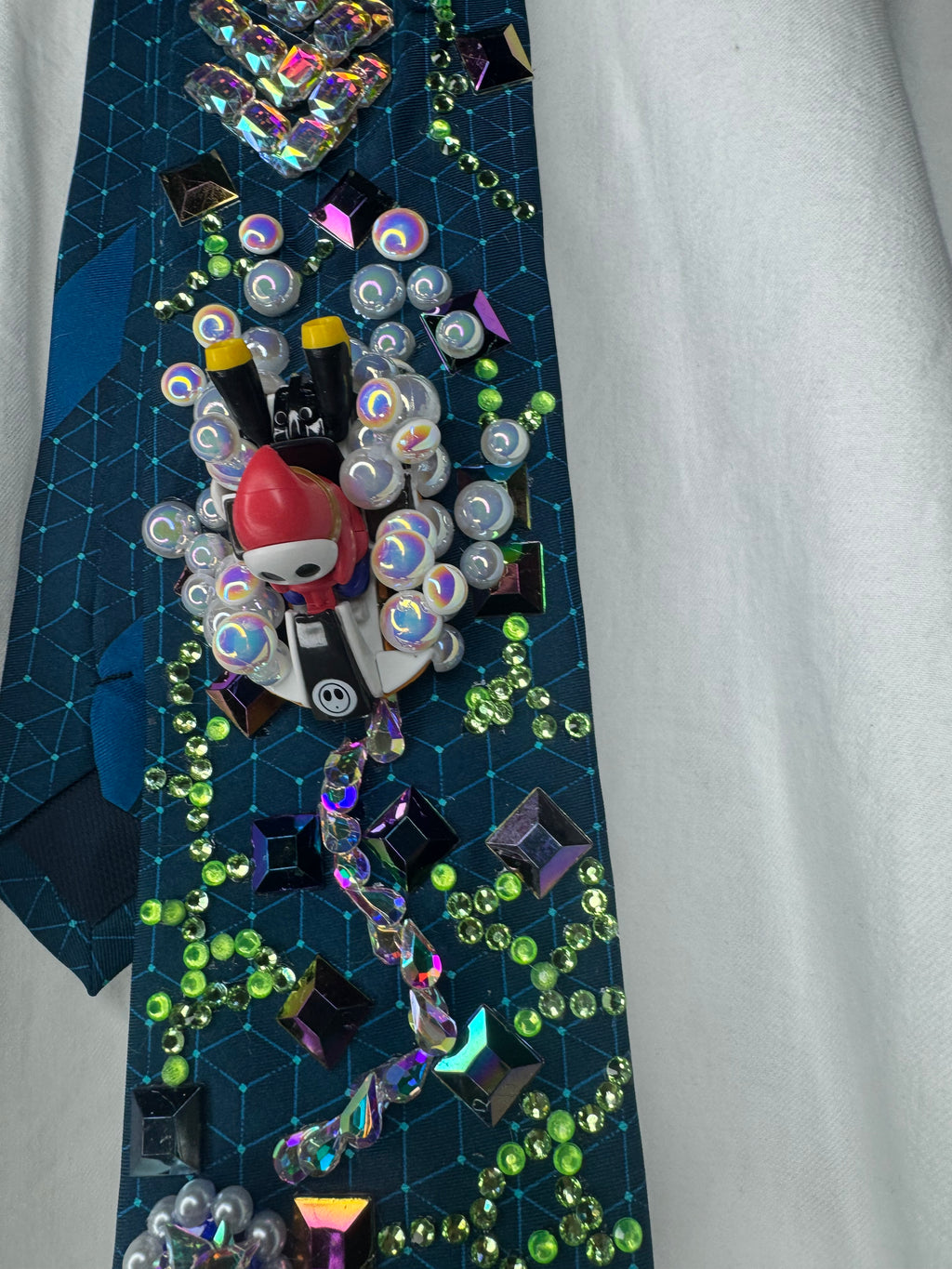 Dark Turquoise Shy Guy Throwing Blue Shell on Computer Chip Road 200cc Mario Kart Tie