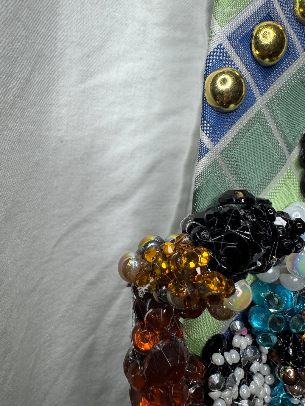 Green and Blue Box Striped Michael Jackson Smiling With Bubbles on Him and His Exotic Pet Giraffe Tie