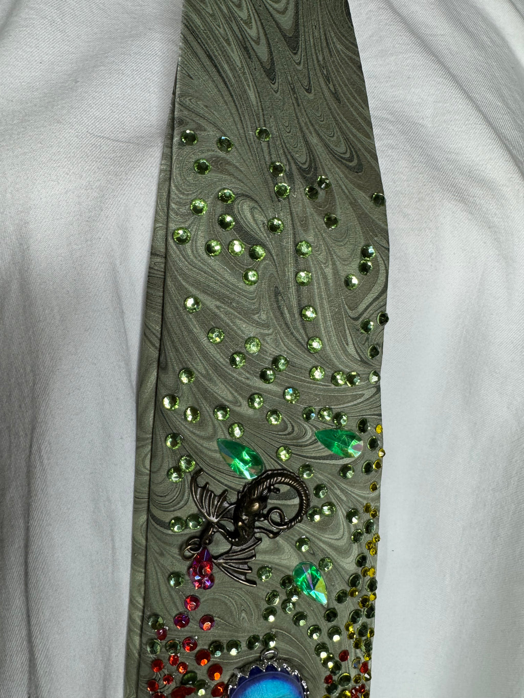 Green Wavy Print Dragons Spitting Flames Neon Sun Royalty Tie