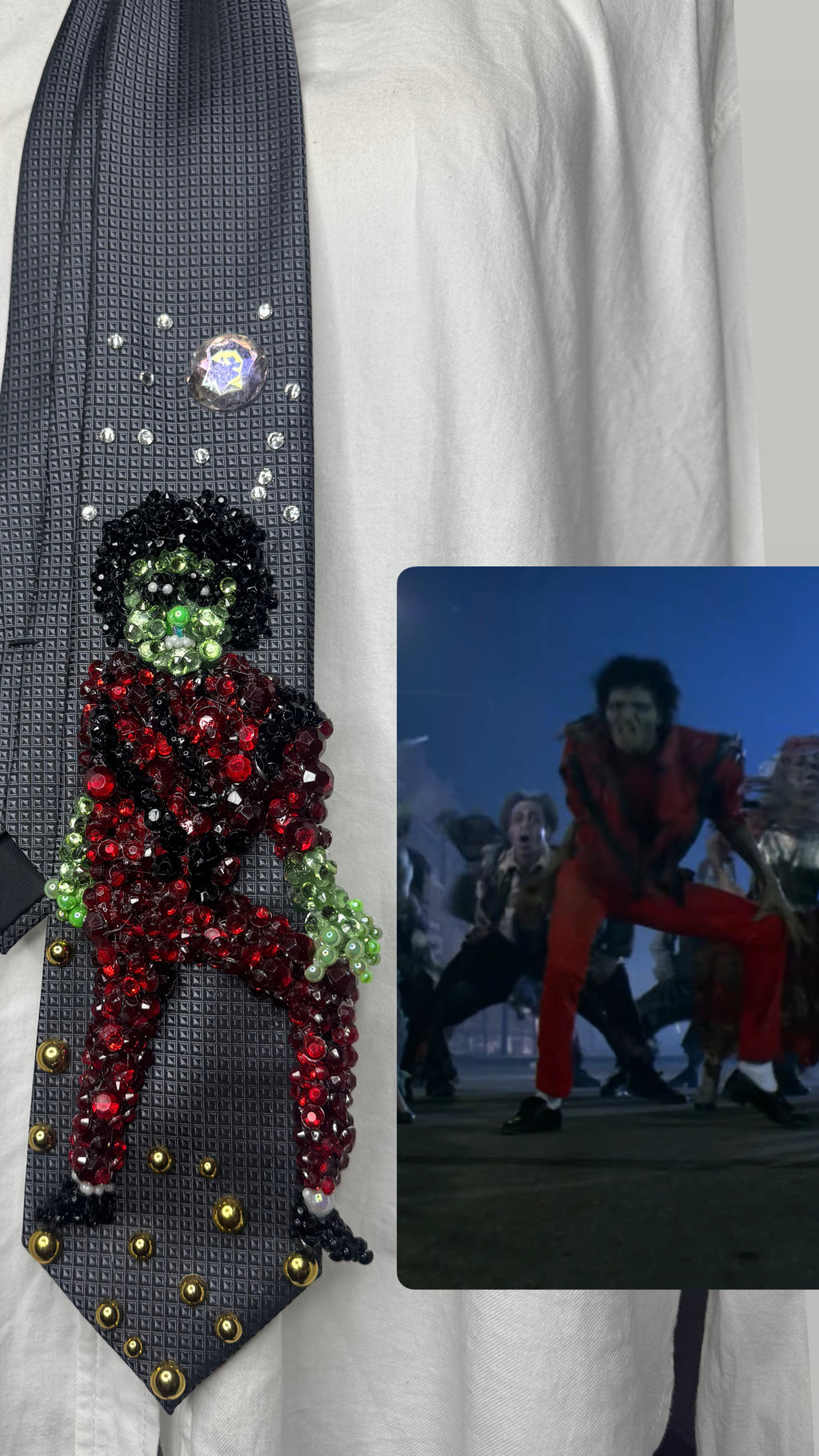 Grey Michael Jackson Hitting Hand on Knee Twist Move For Thriller Music Video Tie