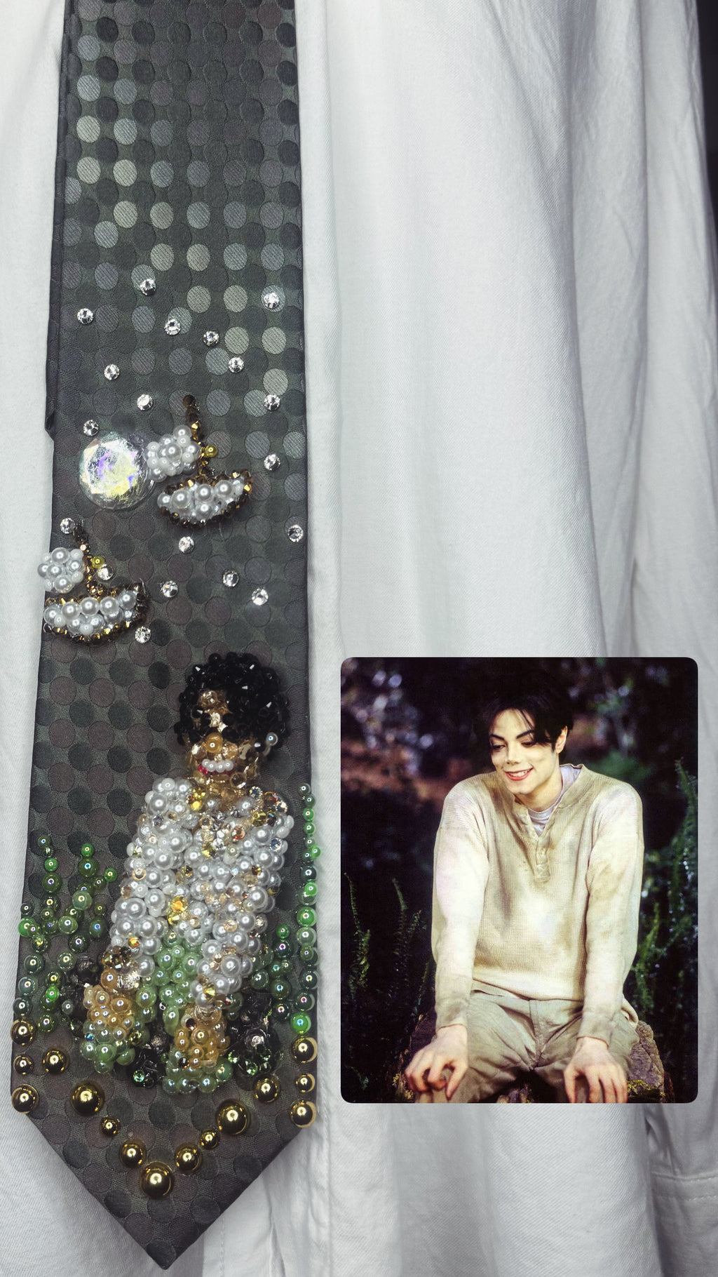 Dark Green Michael Jackson Smiling and Singing on Rock With Boats Flying By in Childhood Music Video Tie
