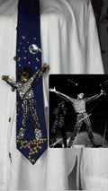 Navy Blue Floral Print Michael Jackson Hitting Star Body Pose While Performing Rock With You Live Tie