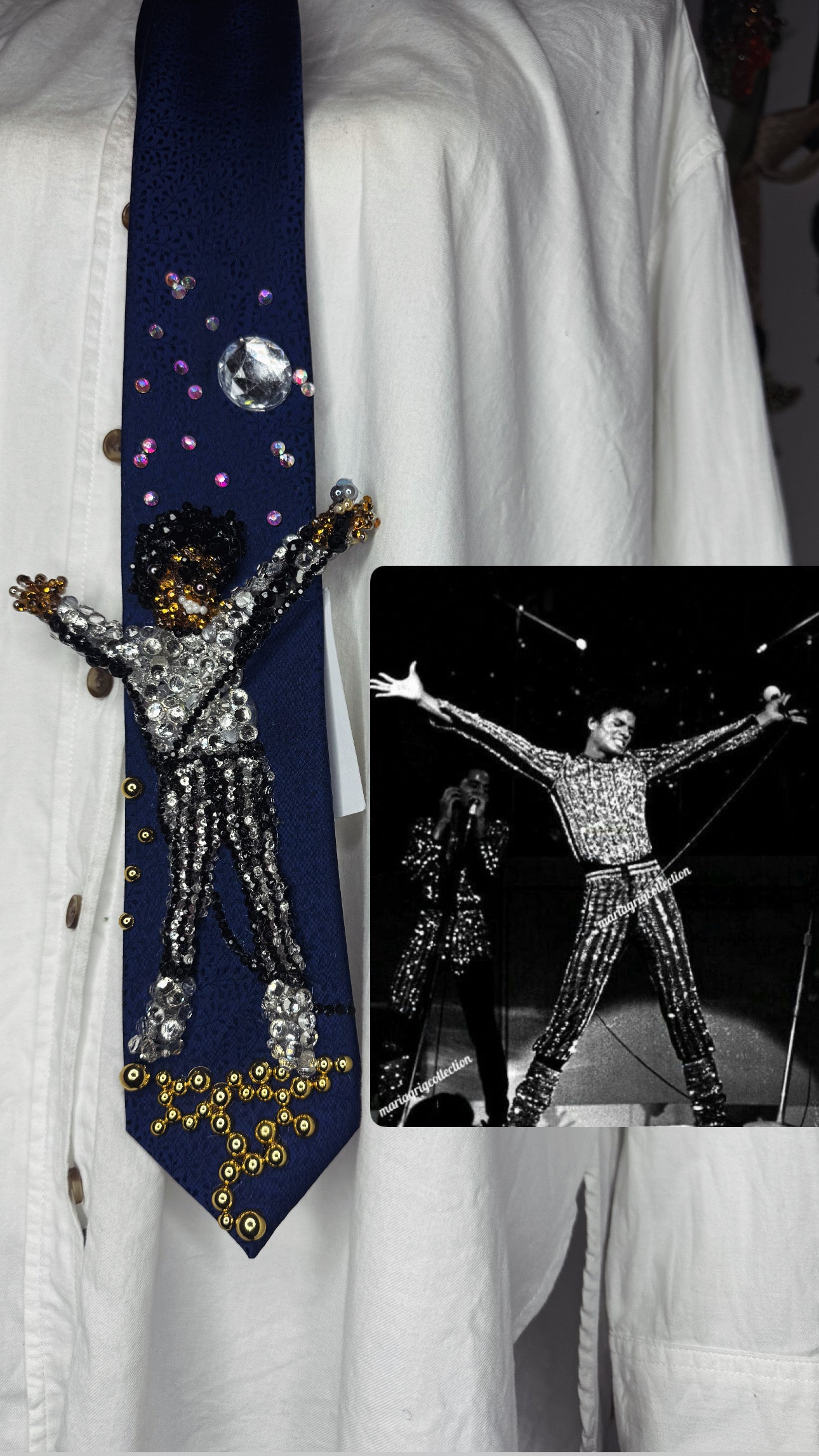 Navy Blue Floral Print Michael Jackson Hitting Star Body Pose While Performing Rock With You Live Tie