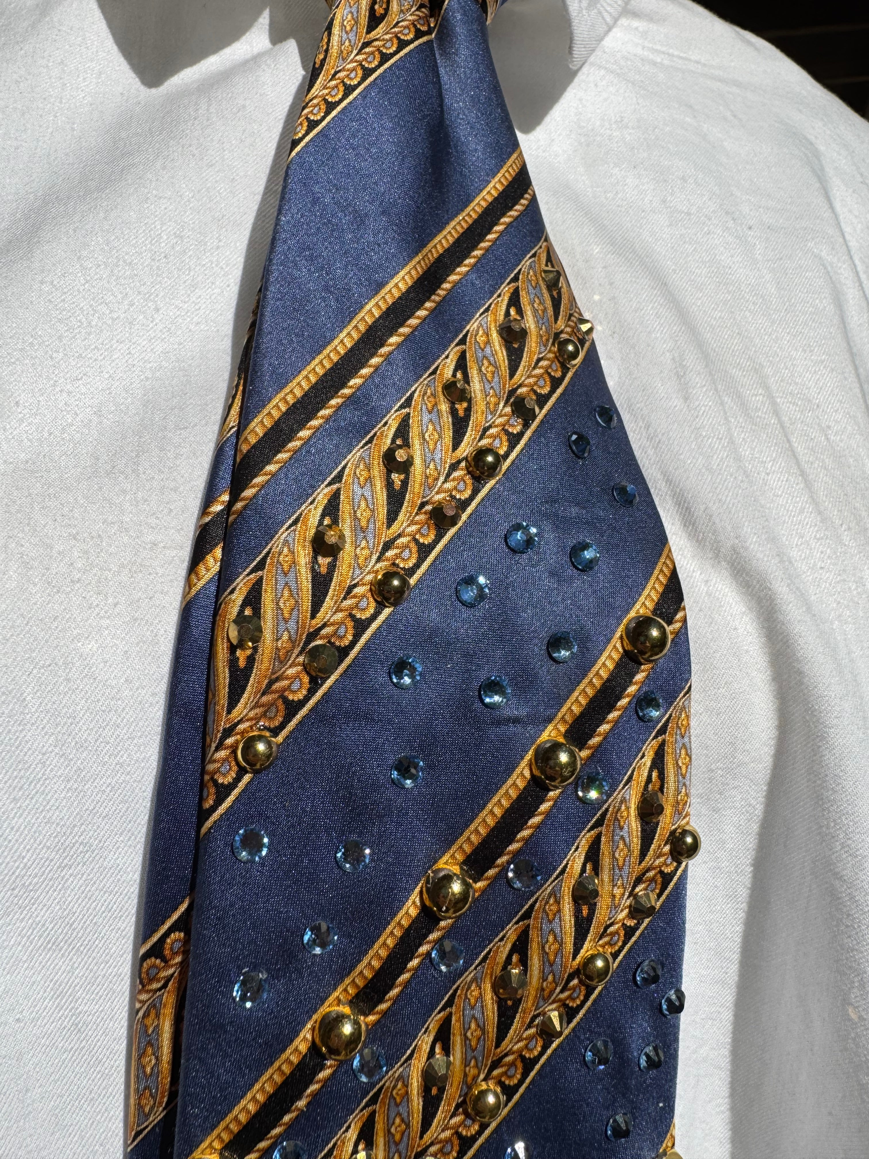 Navy Blue and Gold Striped High Class Royalty Anchored Nautical Tie