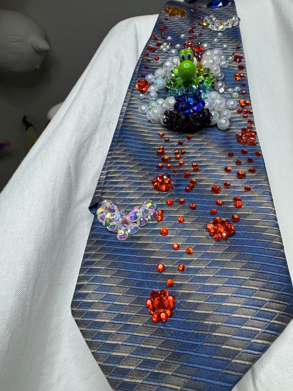 Navy Blue and Grey Yoshi Activating Star Power Near Fireballs Mario Kart Tie