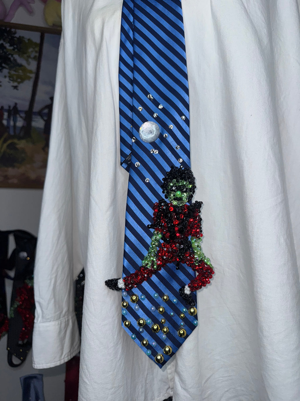 Two Tone Blue Striped Zombie Michael Jackson Hitting Low Leg Slide Move In Thriller Short Film Tie