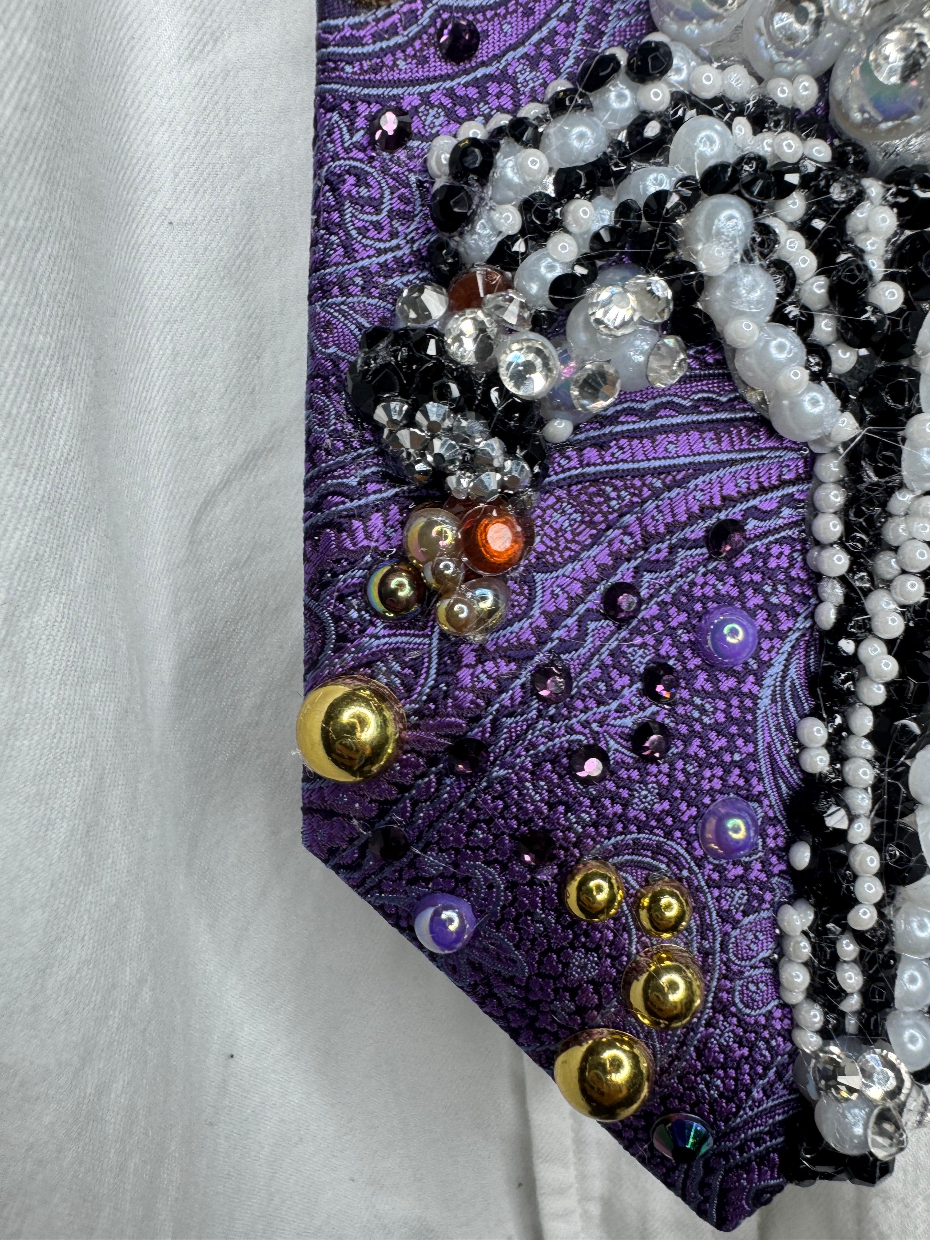 Purple Paisley Michael Jackson Kicking Leg Holding Mic Pose Striped Pants Victory Tour 1984 Tie