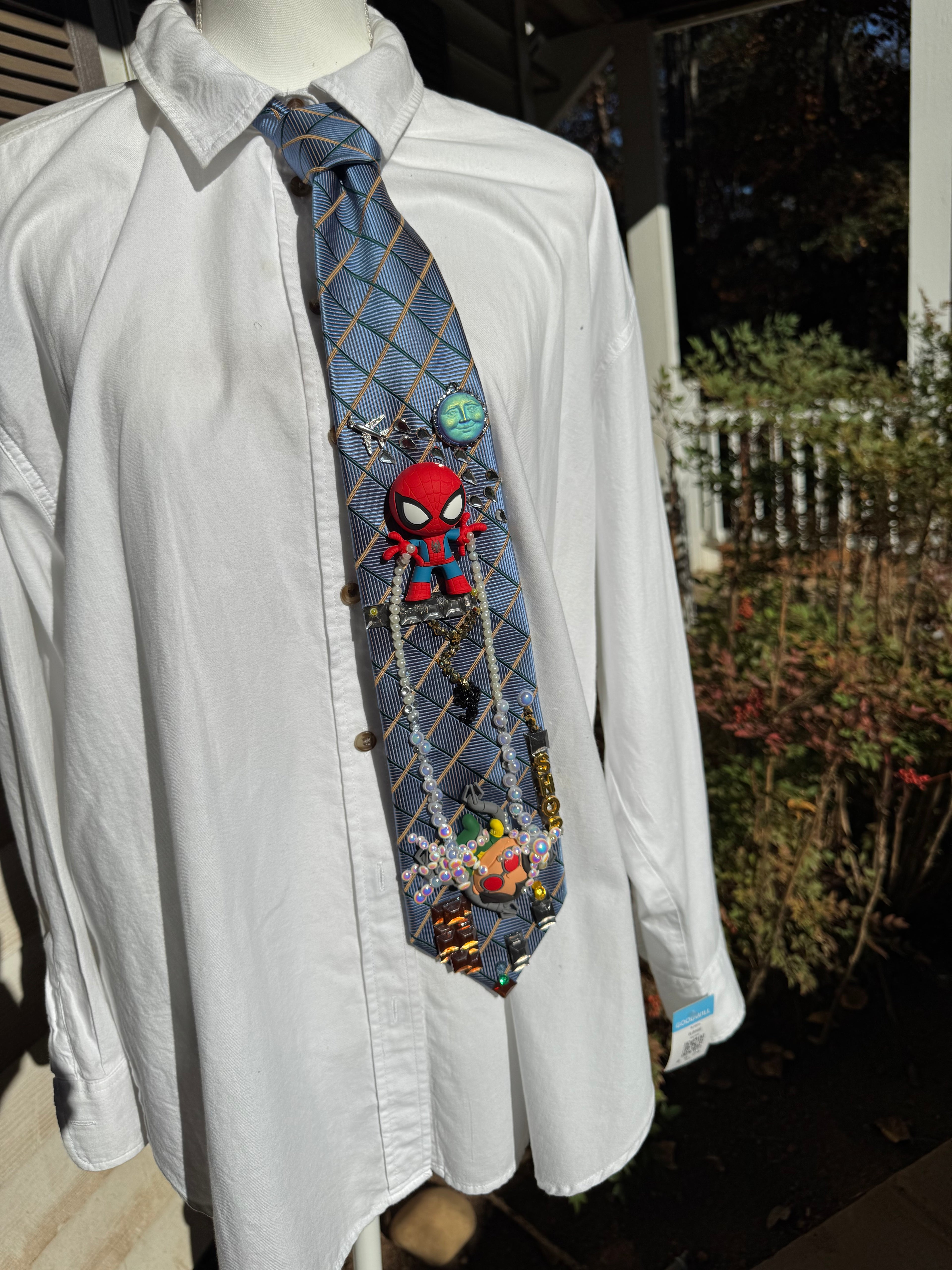 Sky Blue Spiderman Defeating Doctor Octopus Over Crane Spiderman Tie