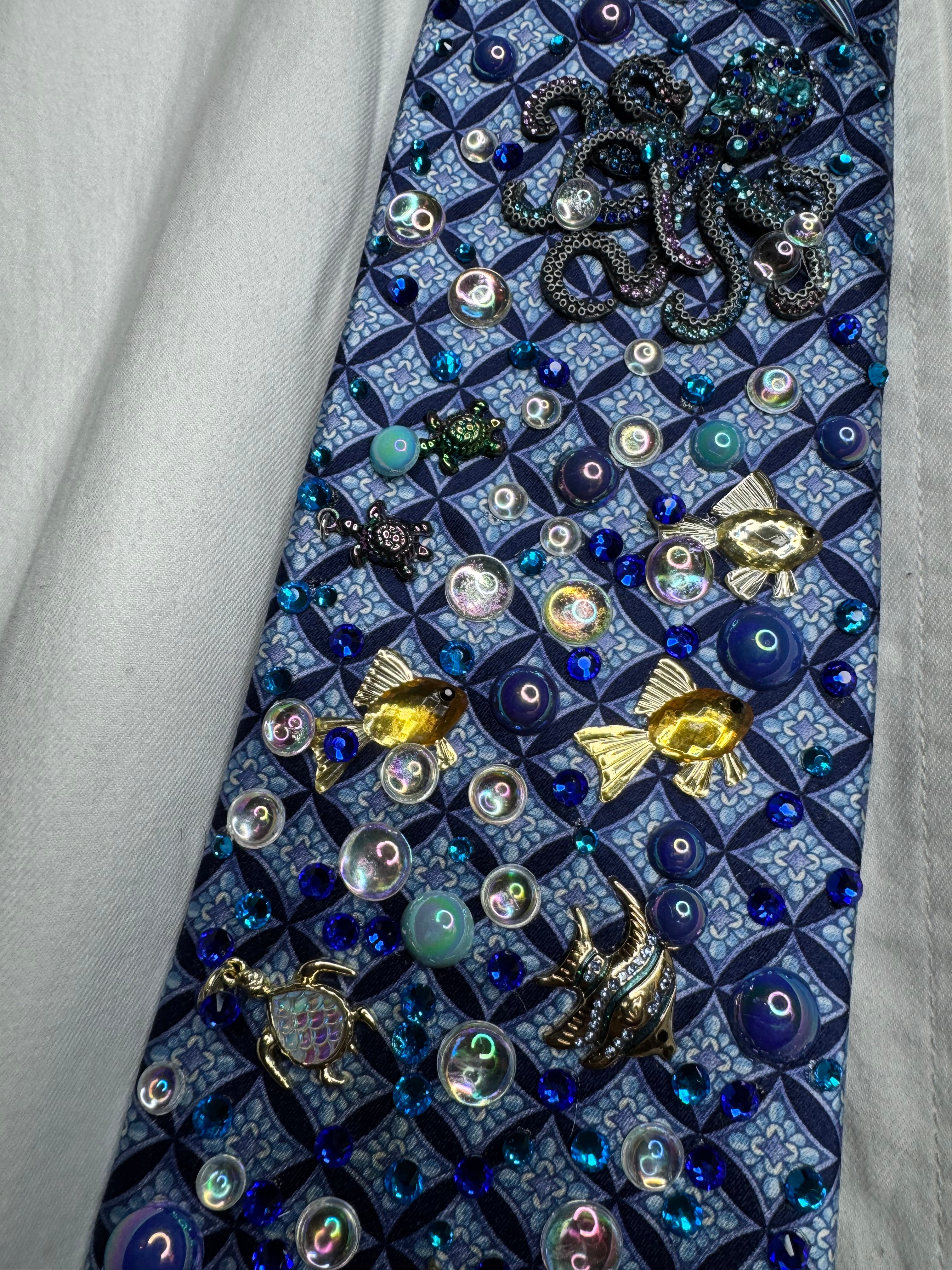 Light Blue Checkered Ocean Floor Aquatic Nature Tie