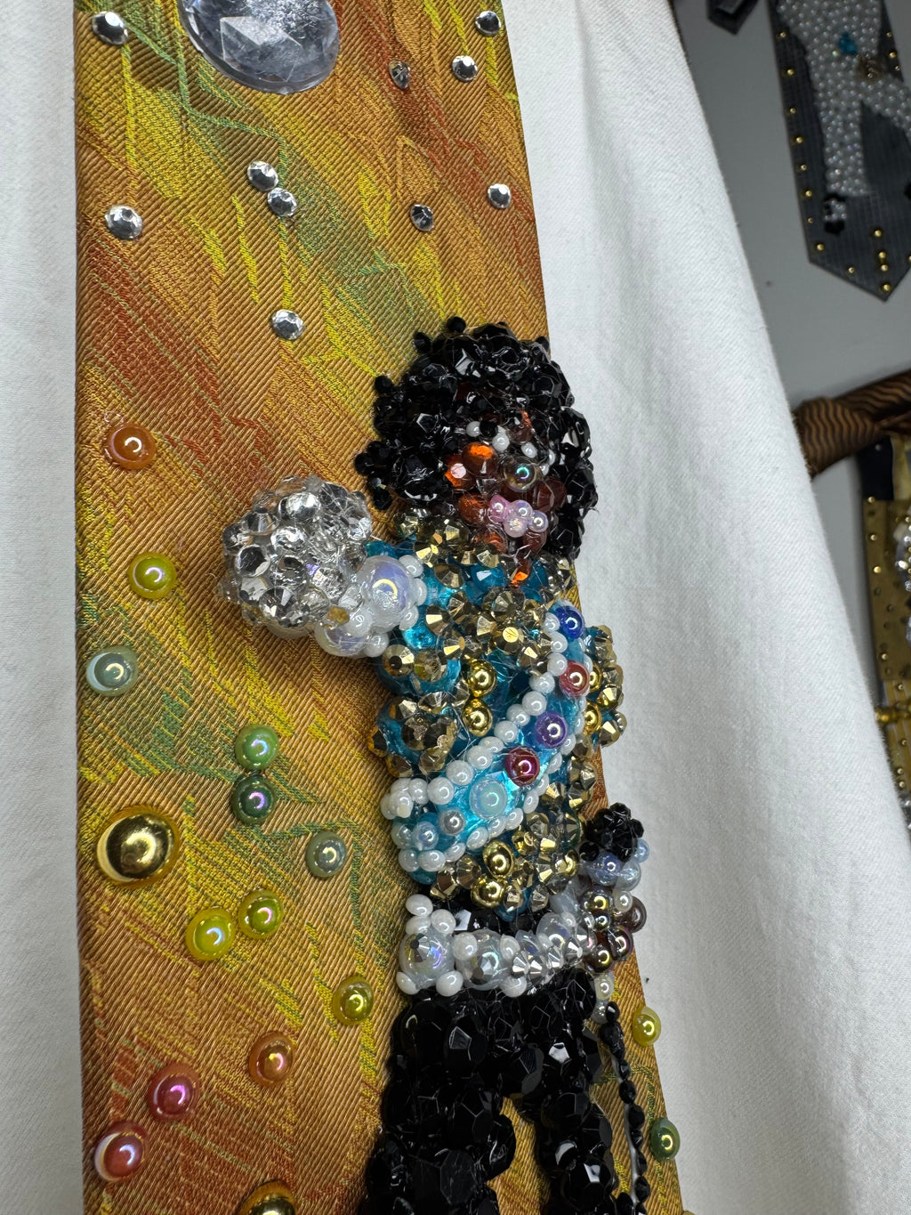 Multicolored Striped Michael Jackson Light Blue and Gold Fist Out Pose Victory Tour 1984 Tie
