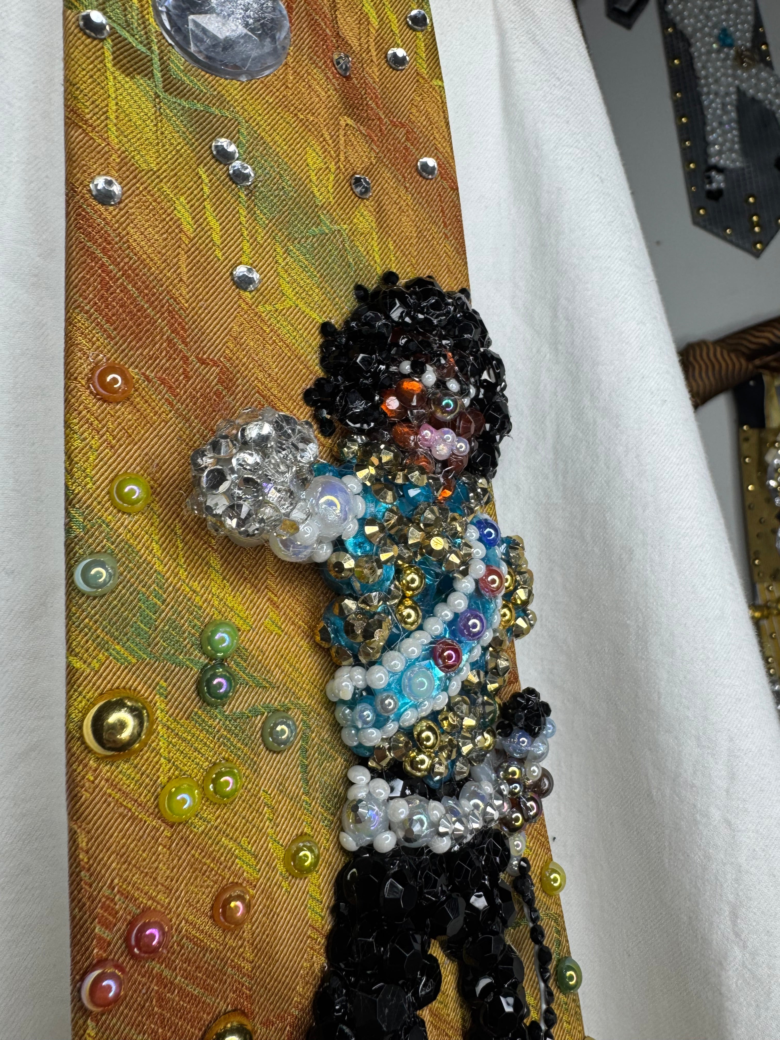 Multicolored Striped Michael Jackson Light Blue and Gold Fist Out Pose Victory Tour 1984 Tie