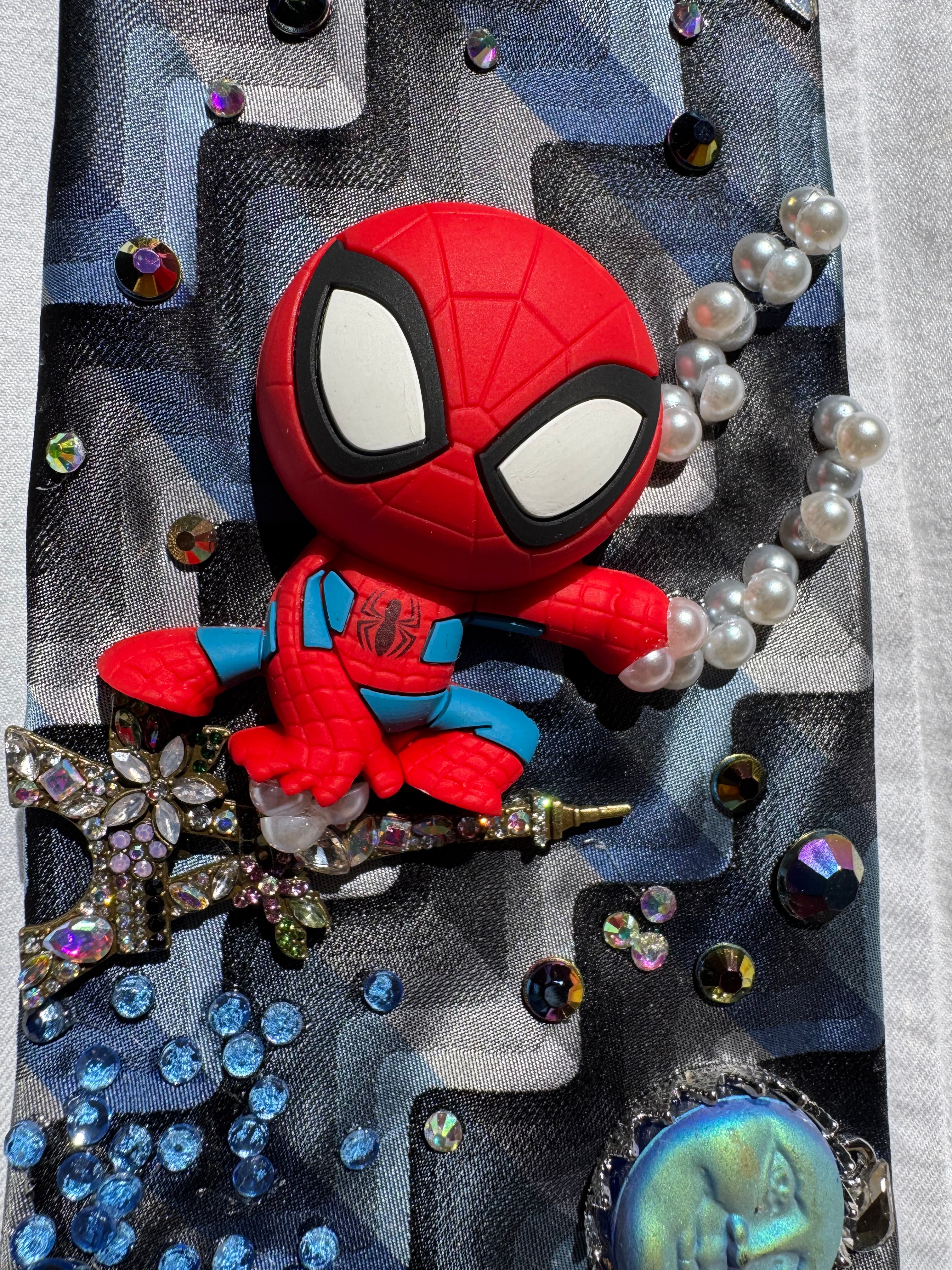 Navy Blue and Grey Wavy Spiderman Saving Paris France from Supercharged Godzilla Tie